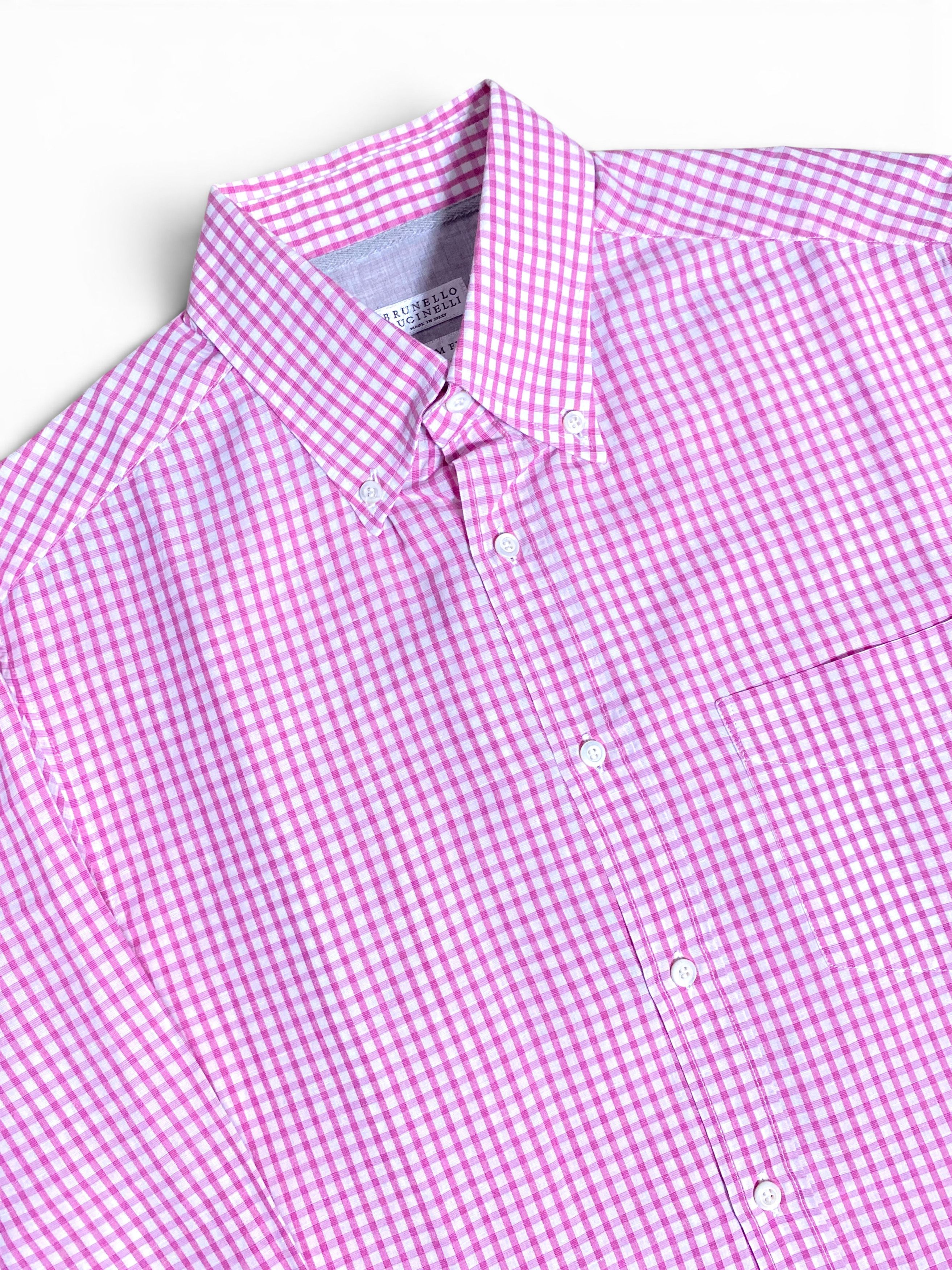 Brunello Cucinelli Brunello Cucinelli Pink White Check Cotton Linen Slim Shirt Size US M / EU 48-50 / 2 - 5 Thumbnail