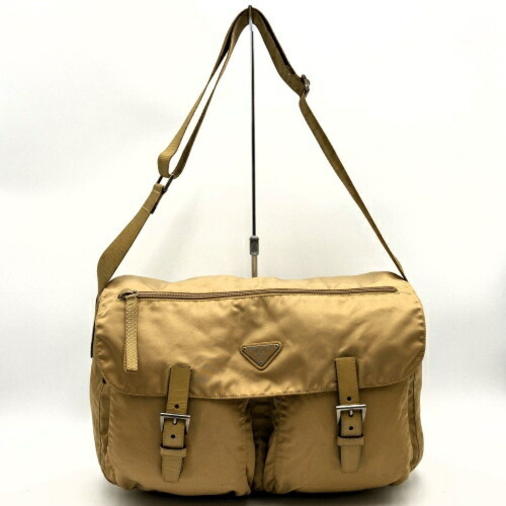 image of Prada Shoulder Bag Beige Nylon Triangular Plate Women's Itva5Rgetsn6