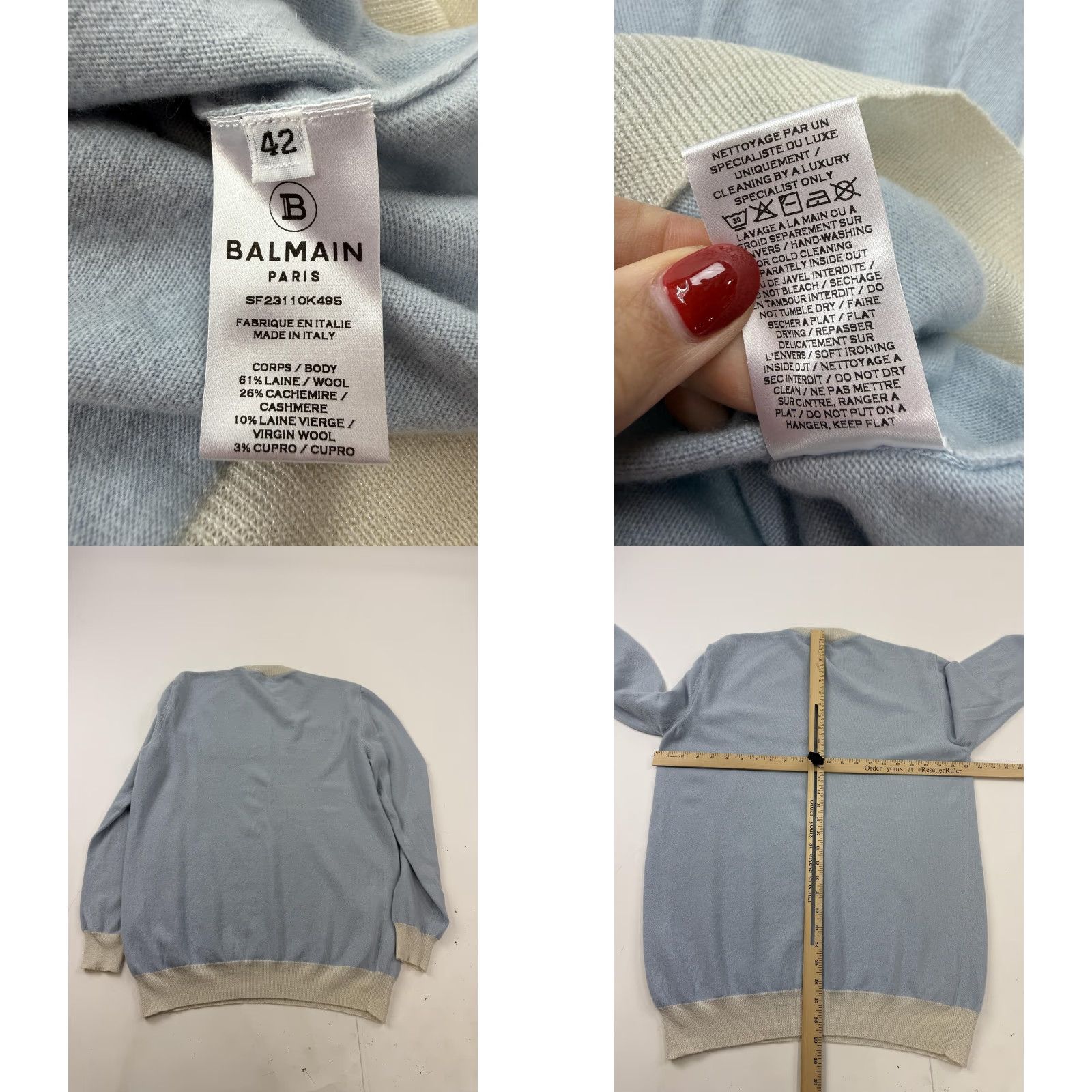 Balmain Balmain Sweater Mens 42 Blue Wool Cashmere Logo Crewneck Knit Italy Pullover Size US XL / EU 56 / 4 - 8 Thumbnail