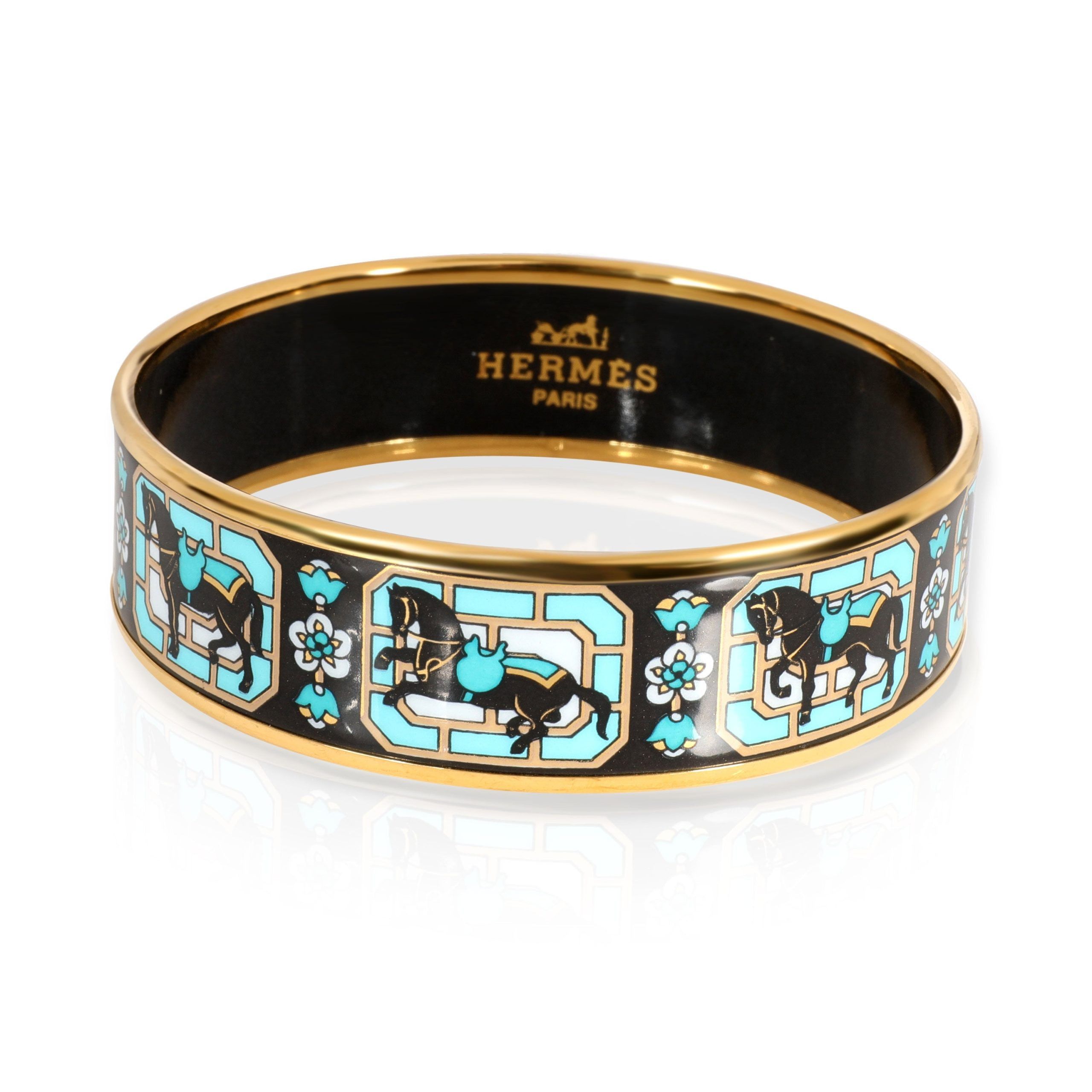 image of Hermes Hermès Teal Horse Motif Wide Enamel Bangle Gold Plated in Yellow, Women's