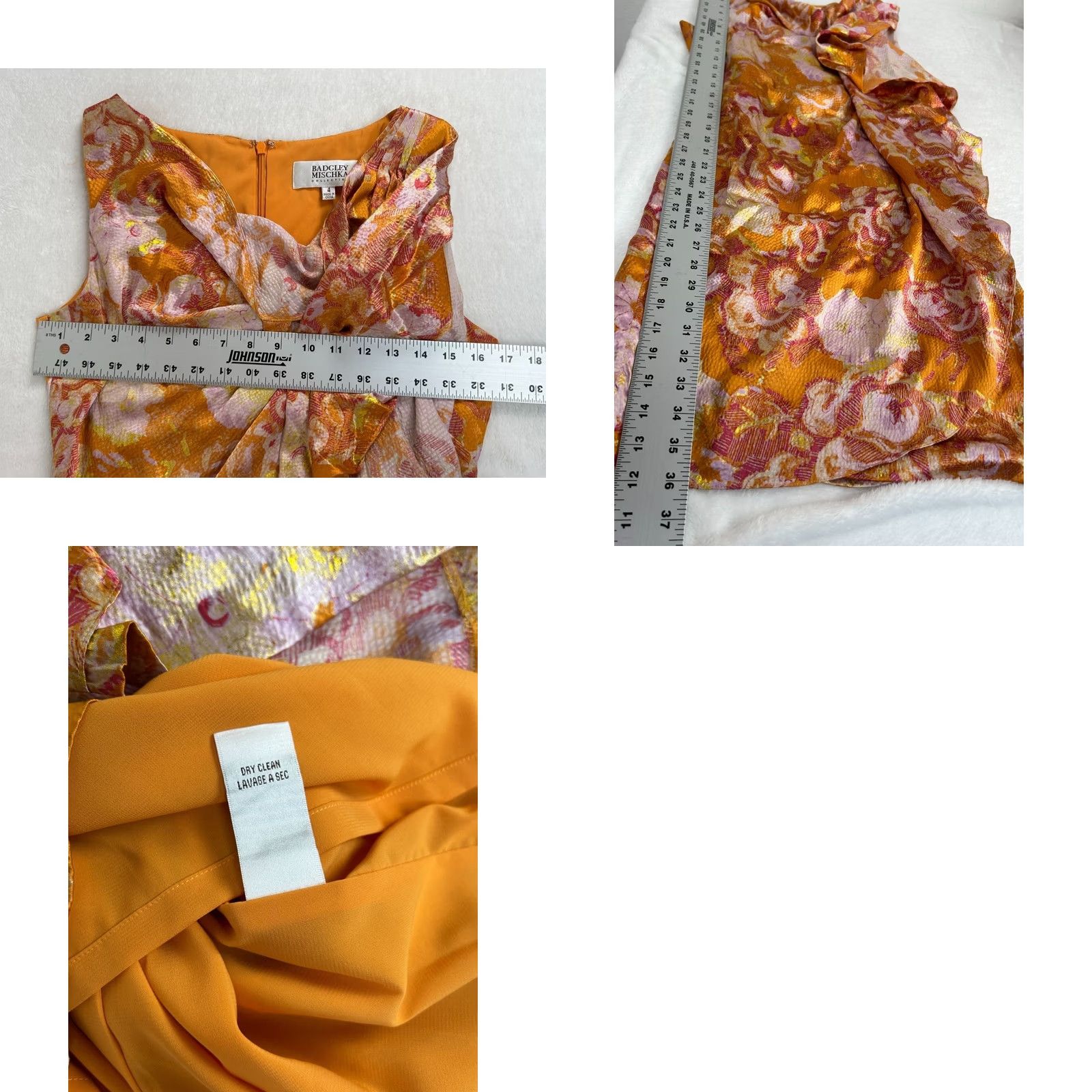 Badgley Mischka Badgley Mischka Floral Metallic Sleeveless Drape Silk Sheath Dress Size 4 Orange Size S / US 4 / IT 40 - 8 Thumbnail
