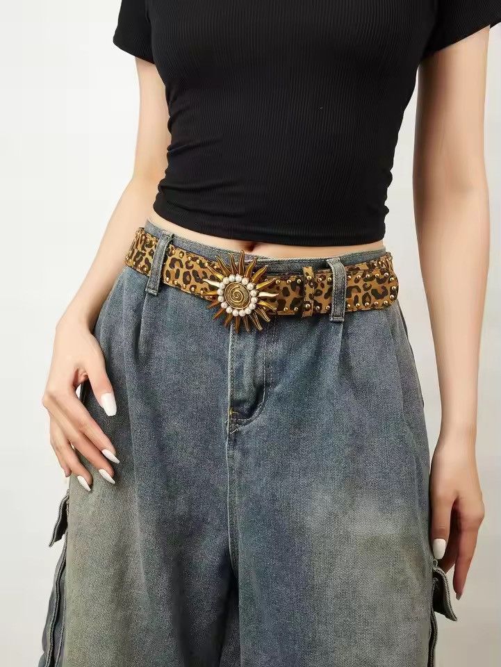 Japanese Brand NEW Leopard Print PU Leather Belt - Sunburst Pearl -112 cm Size 32 - 2 Thumbnail