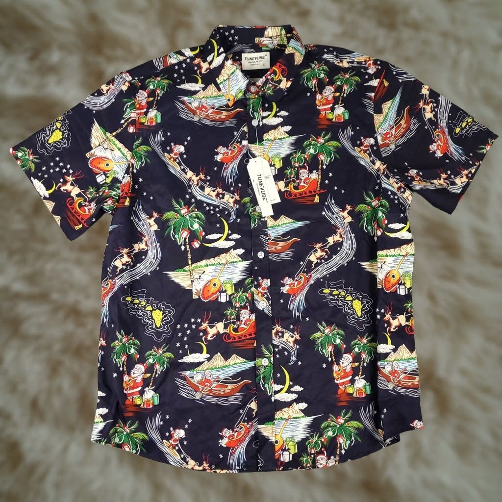 Vintage Tunevuse Shirt Mens Large Blue Christmas Santa Stretch Button Up Long Sleeve Size US L / EU 52-54 / 3 - 1 Thumbnail