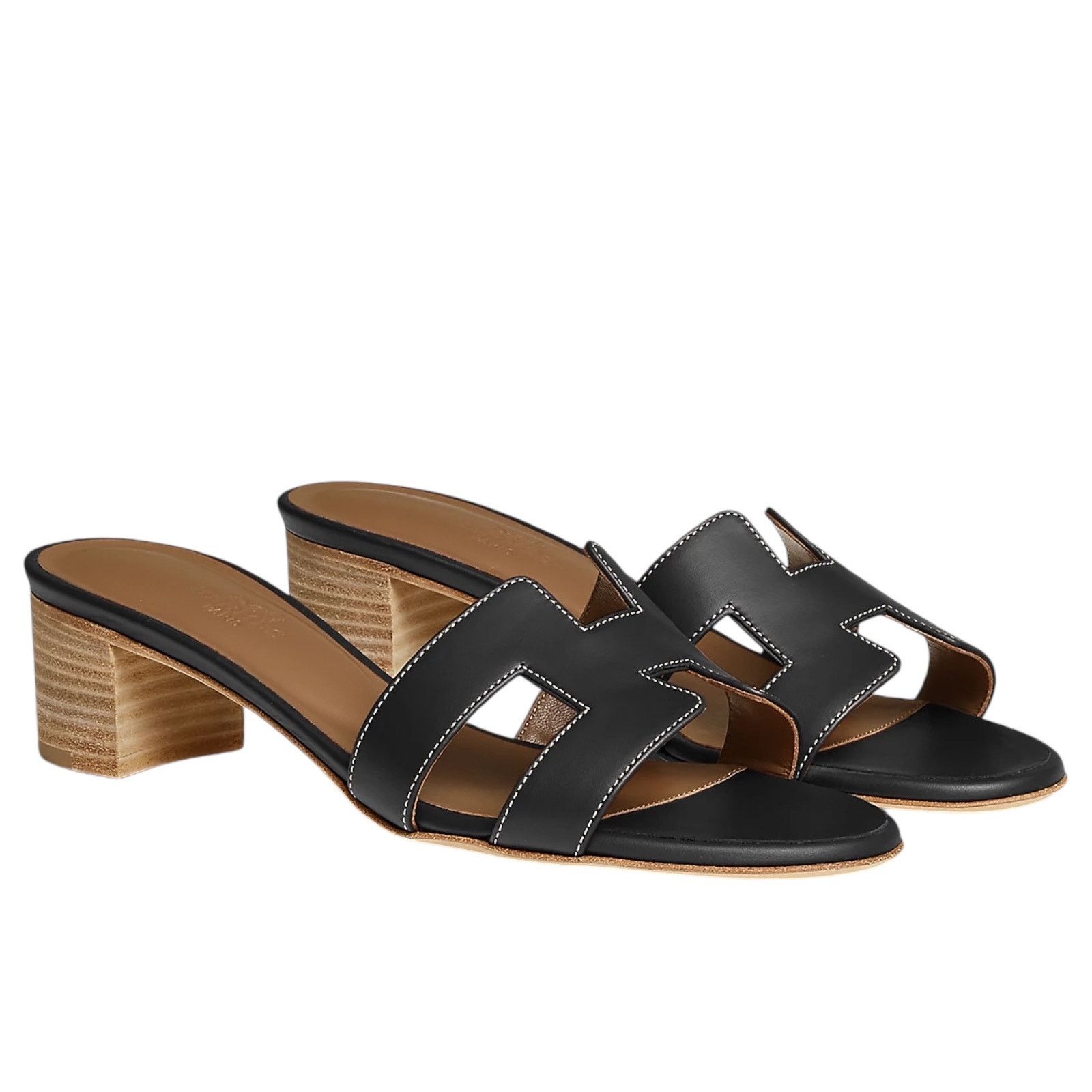 Hermes Black Oasis Leather Heel Shoes Sandals H Noir Size 36.5, Women's