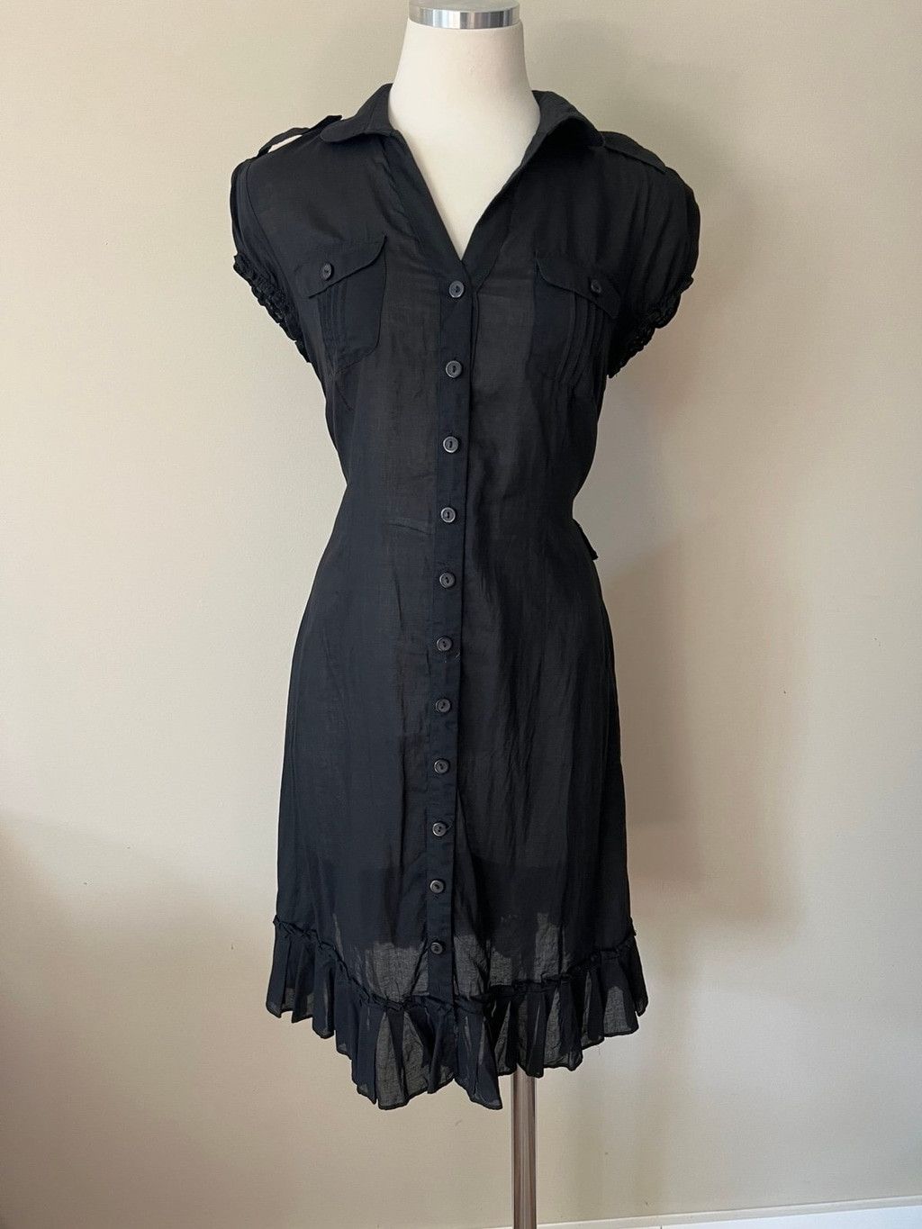 Vintage 1990s - Y2K Black Cotton Button Front Shirt Dress w/Ruffle Size S / US 4 / IT 40 - 1 Thumbnail
