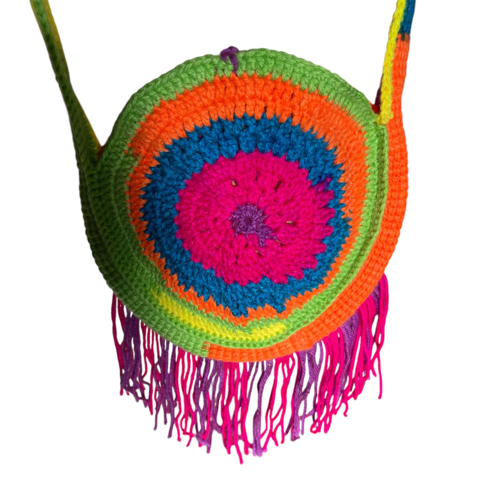 Handmade Crochet Purse Fringed Rainbow Colors Retro Hippie Style Shou Size ONE SIZE - 3 Thumbnail