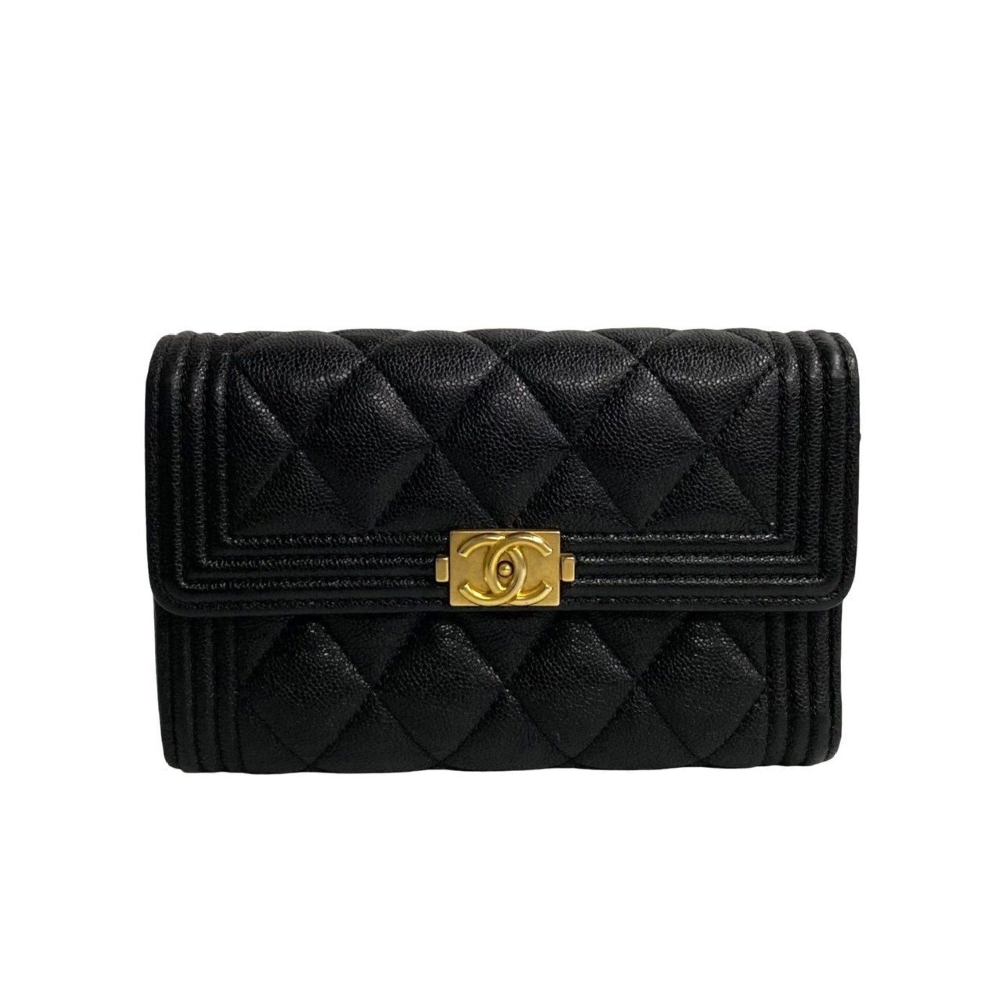 image of Chanel Boy Matelasse Caviar Skin Leather Bi-Fold Wallet 90506 in Black, Women's
