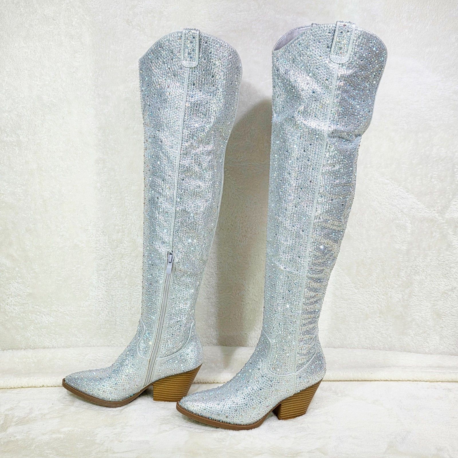 Other Country Glam Iridescent Silver Rhinestone OTK Thigh High Cow Size US 10 / IT 40 - 8 Thumbnail