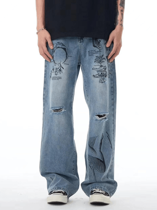 Japanese Brand × Jean Men's American high street printed graffiti ripped jeans Size US 32 / EU 48 - 1 Thumbnail