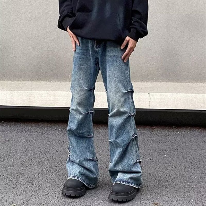 Japanese Brand Y2k washed blue pleated baggy flared jeans Size US 31 - 1 Thumbnail