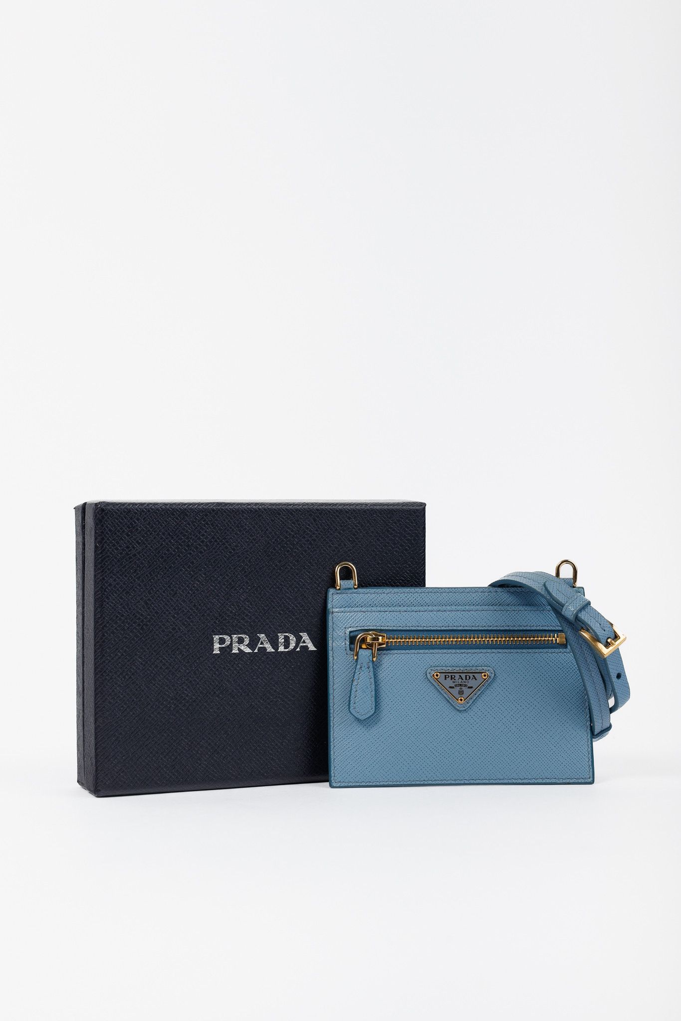 Prada Blue Saffiano Leather Shoulder-Strap Card Holder