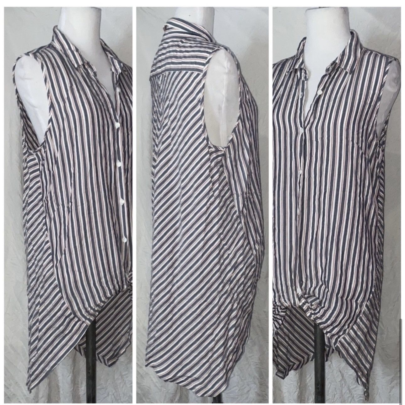 Vintage Retro, Asymmetrical, Striped, Button Down, Sleeveless Tunic Size L / US 10 / IT 46 - 4 Thumbnail