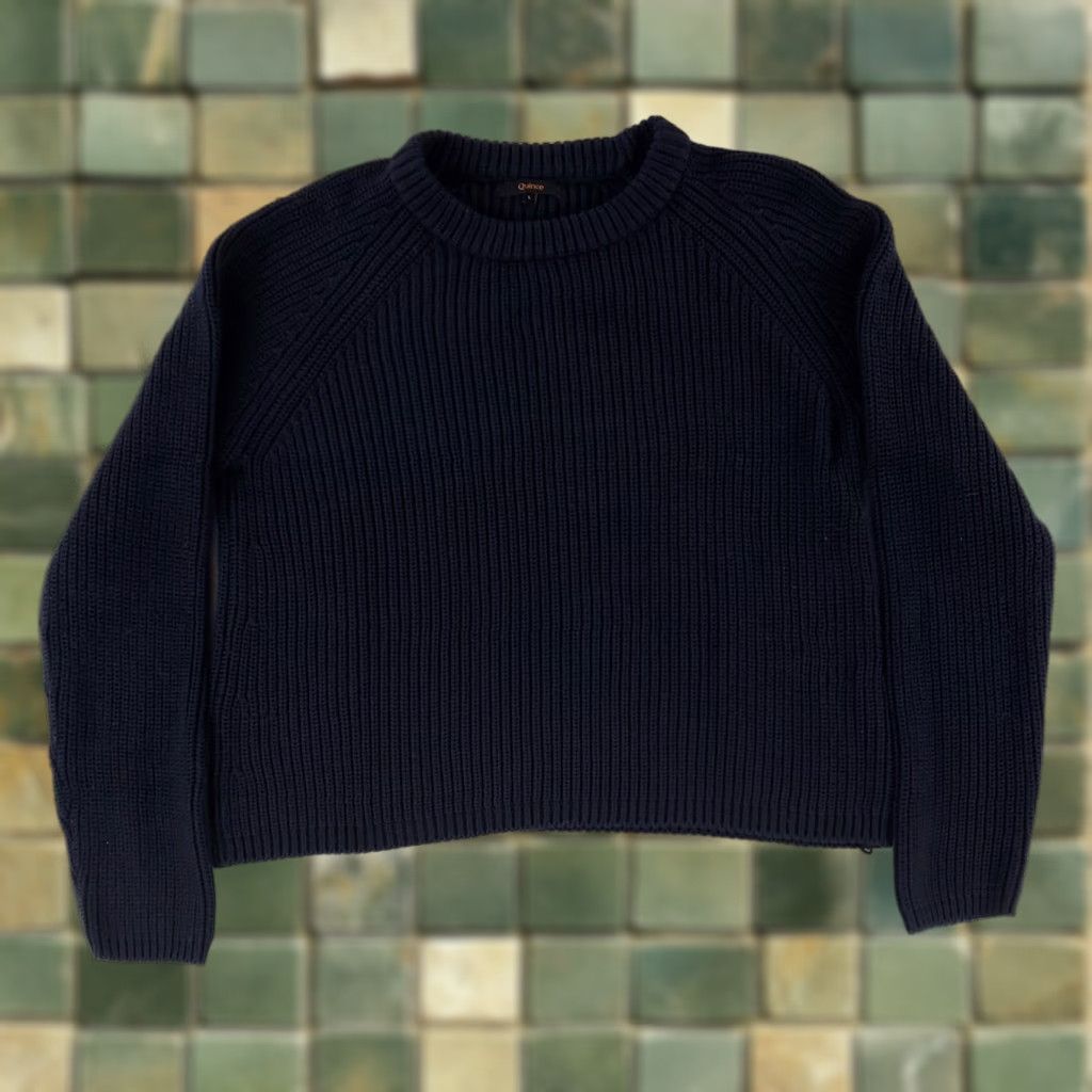 Quince Quince Sweater Cropped Heavy Cotton Knit Long Sleeve Blue Womens L Pullover Size L / US 10 / IT 46 - 1 Thumbnail