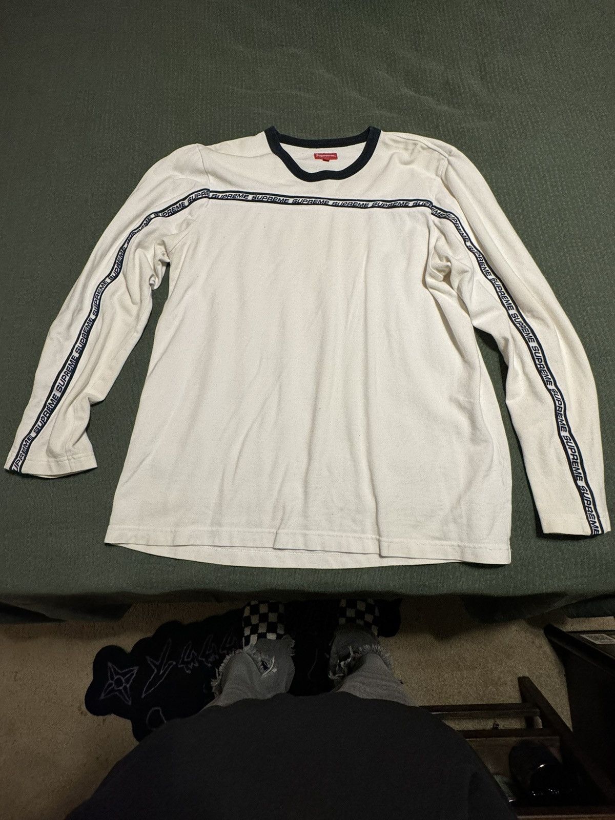 Supreme Supreme White Camo Tape Stripe Pique Logo Long Sleeve