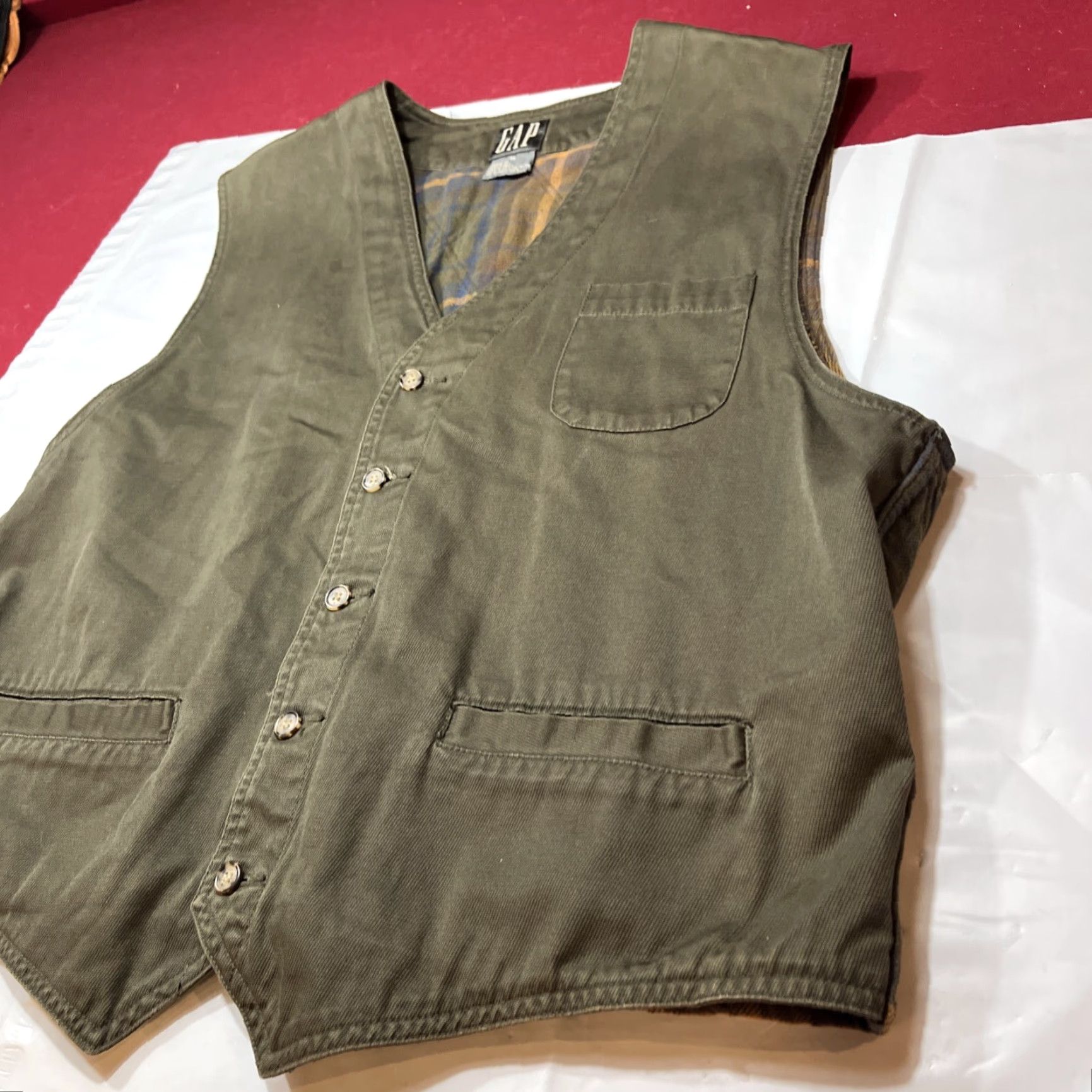 Gap VINTAGE Gap Vest 90s Plaid Flannel Lined Army Green Canvas Men XL Cotton Back Strap Lined Waistcoat Size US XL / EU 56 / 4 - 4 Thumbnail