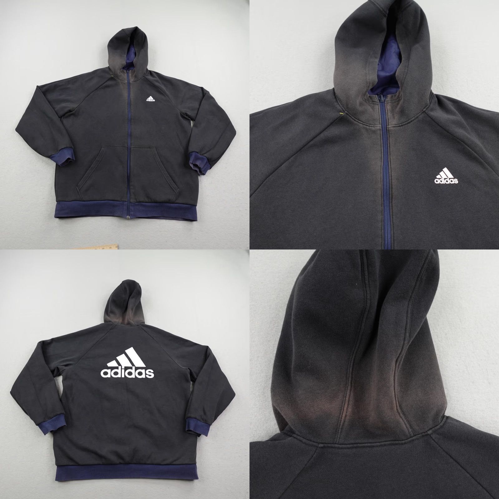 Adidas VINTAGE Adidas Jacket Windbreaker Reversible Full Zip Up Mens Large Blue Black—Hooded, Nylon Shell, Activewear, 90s? Size US L / EU 52-54 / 3 - 8 Thumbnail