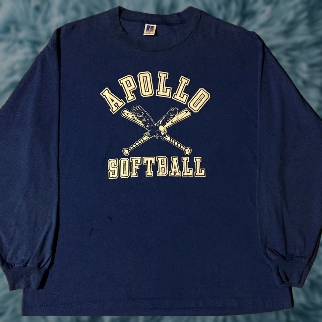 Russell Athletic VINTAGE Russell Athletic Apollo School Softball Shirt XL Blue Long Sleeve Distressed 80s 90s Grunge USA Mens T-Shirt Size US XL / EU 56 / 4 - 1 Thumbnail