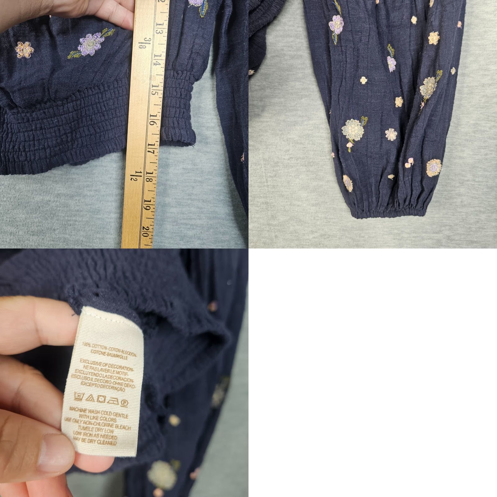 Free People Free People blouse Shirt Womens S Navy Floral Embroidered Off Shoulder Saachi Smocked Blue Cotton Blend Top Size S Size S / US 4 / IT 40 - 8 Thumbnail