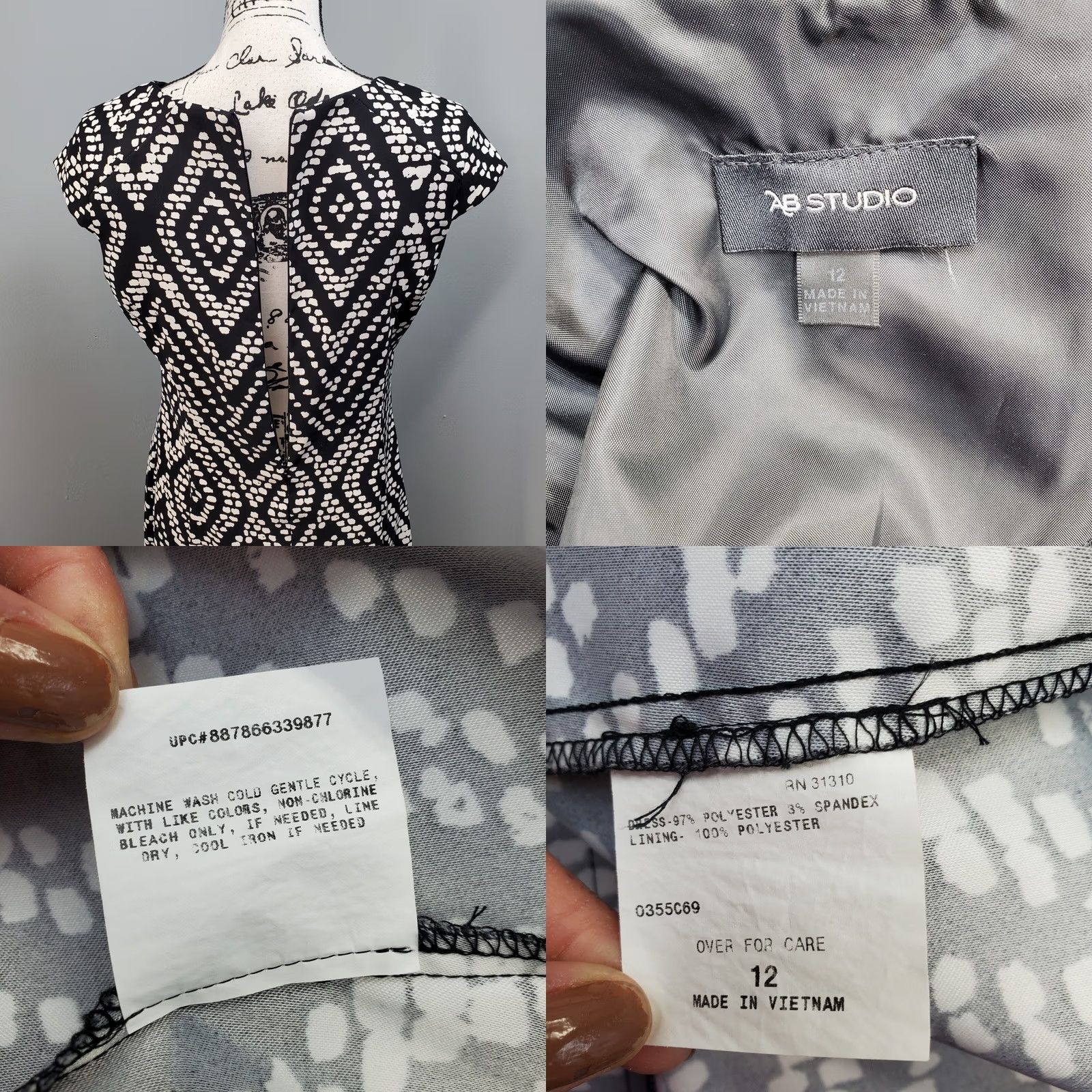 Vintage AB Studio Geometric Dress Women's 12 Black White Cap Sleeve Back Zip Fit & Flare Midi Casual 90s Style Womens Size XL / US 12-14 / IT 48-50 - 8 Thumbnail