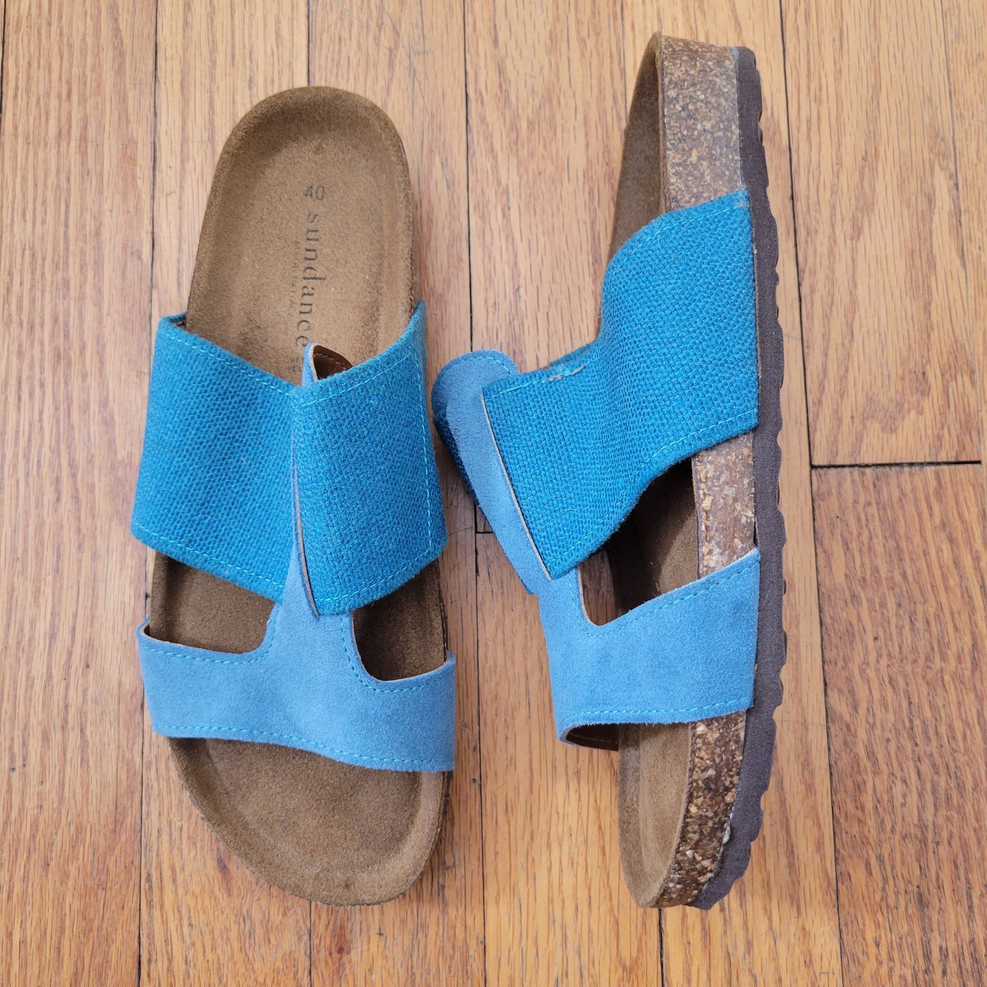 Vintage Sundance 9 9.5 Blue Leather Canvas Sandals Cork Insole 40 Op Size US 10 / IT 40 - 1 Thumbnail