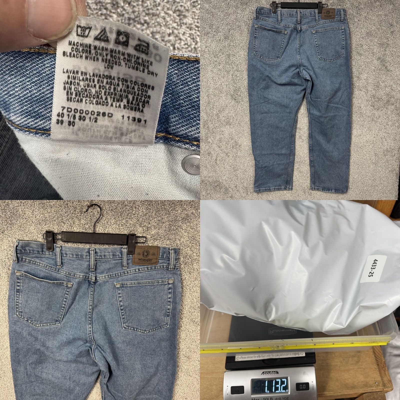 Wrangler VINTAGE Wrangler Jeans Mens 37x28 Blue Denim Straight Leg Workwear 97601VR Mexico 29in Inseam Pockets} Size US 37 - 8 Thumbnail
