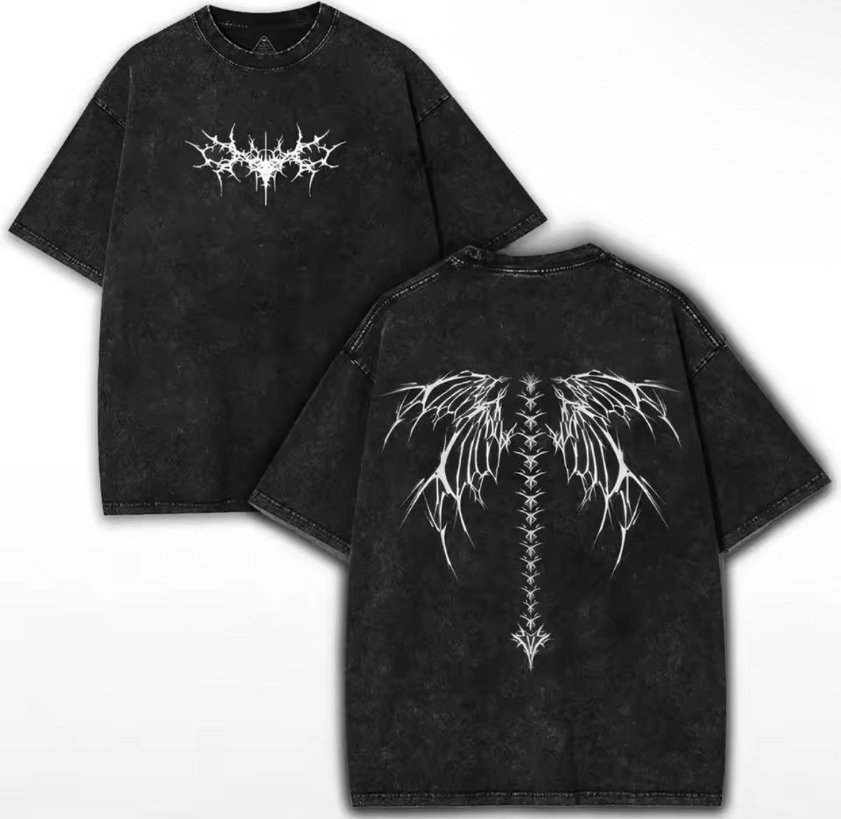 Japanese Brand Streetwear Y2K Gothic Wings Graffiti Print Washed T-Shirt Size US XL / EU 56 / 4 - 1 Thumbnail