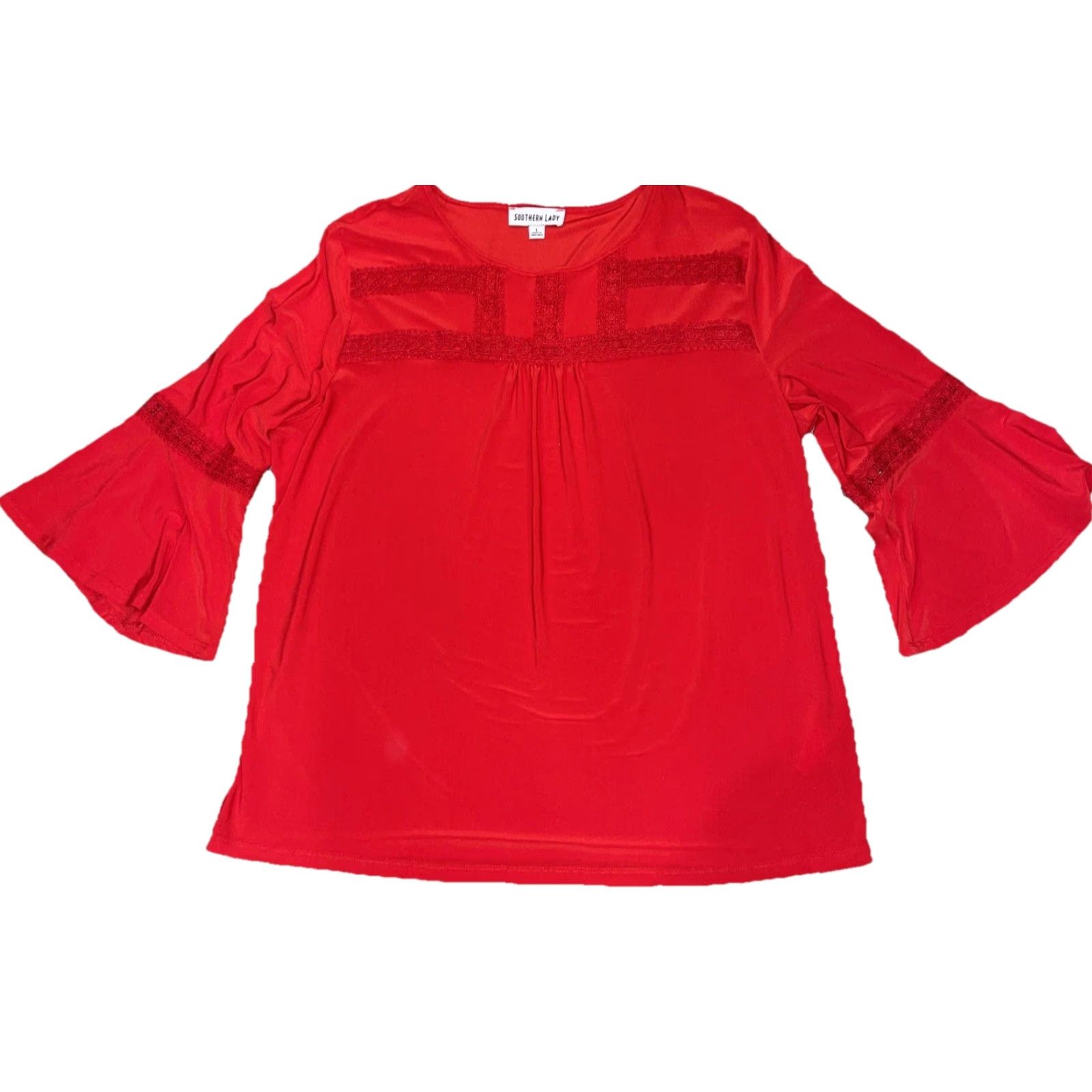 Vintage Southern Lady Blouse Shirt Women L Red Embroidered Lace 3/4 Sleeve Casual Workwear" Size L / US 10 / IT 46 - 2 Thumbnail