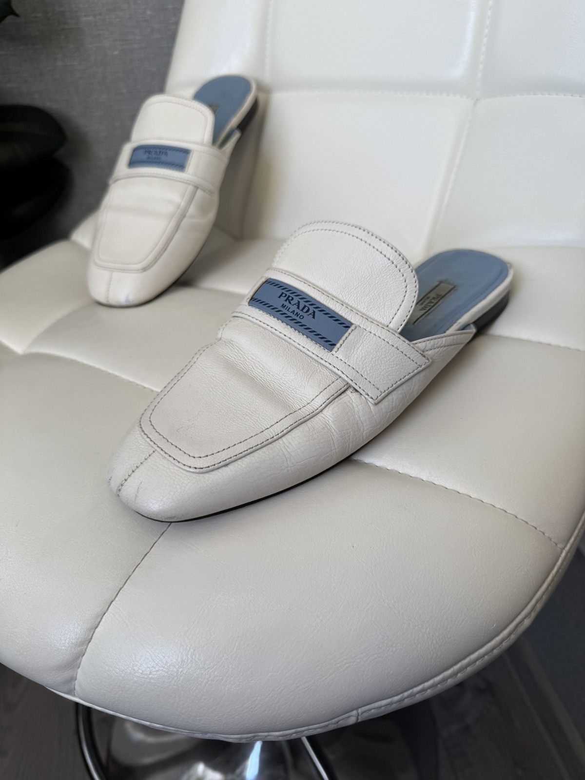 Prada Prada White Leather Backless Loafers Mules Blue Logo Detail Size US 9 / IT 39 - 2 Thumbnail