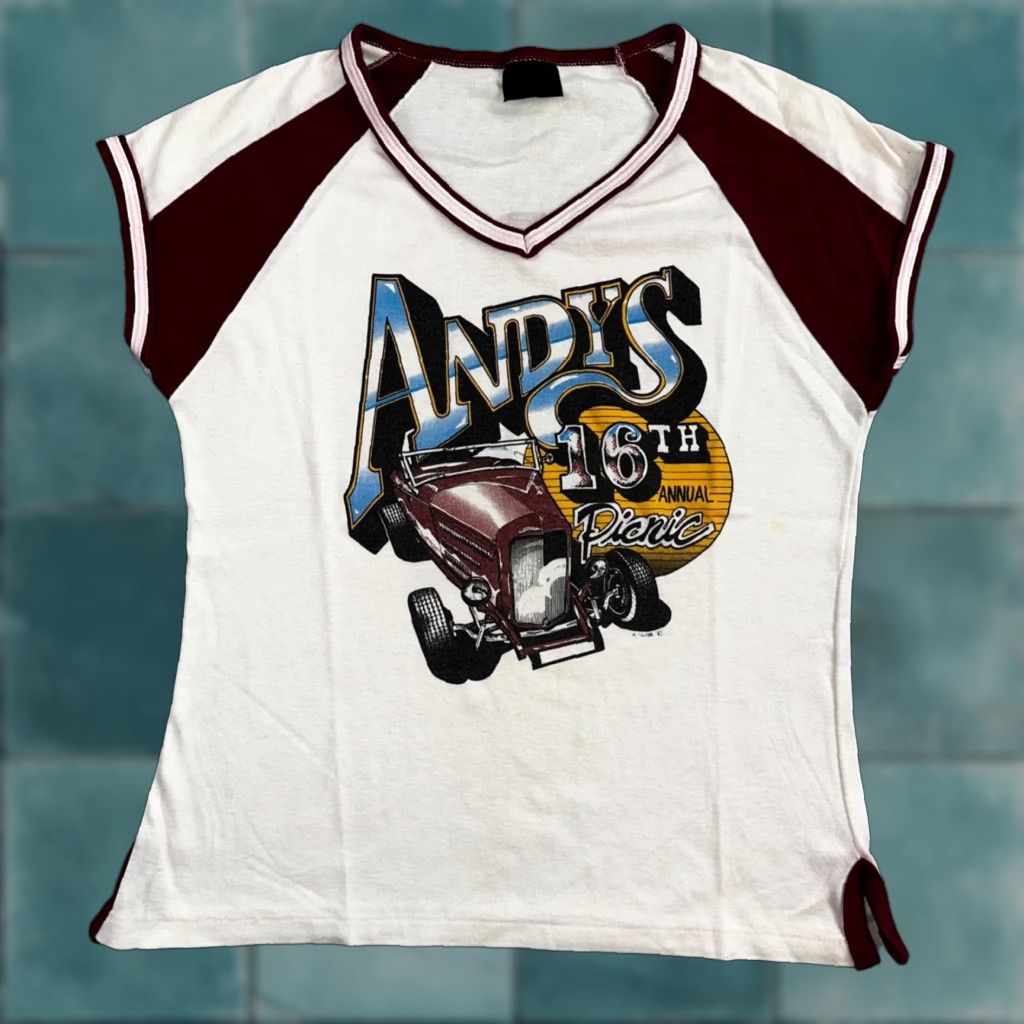 Vintage VINTAGE Andys Hot Rods Racing Cars Womens VTG T Shirt 80s Rare Cut Harley Girl Cool White L Size L / US 10 / IT 46 - 1 Thumbnail