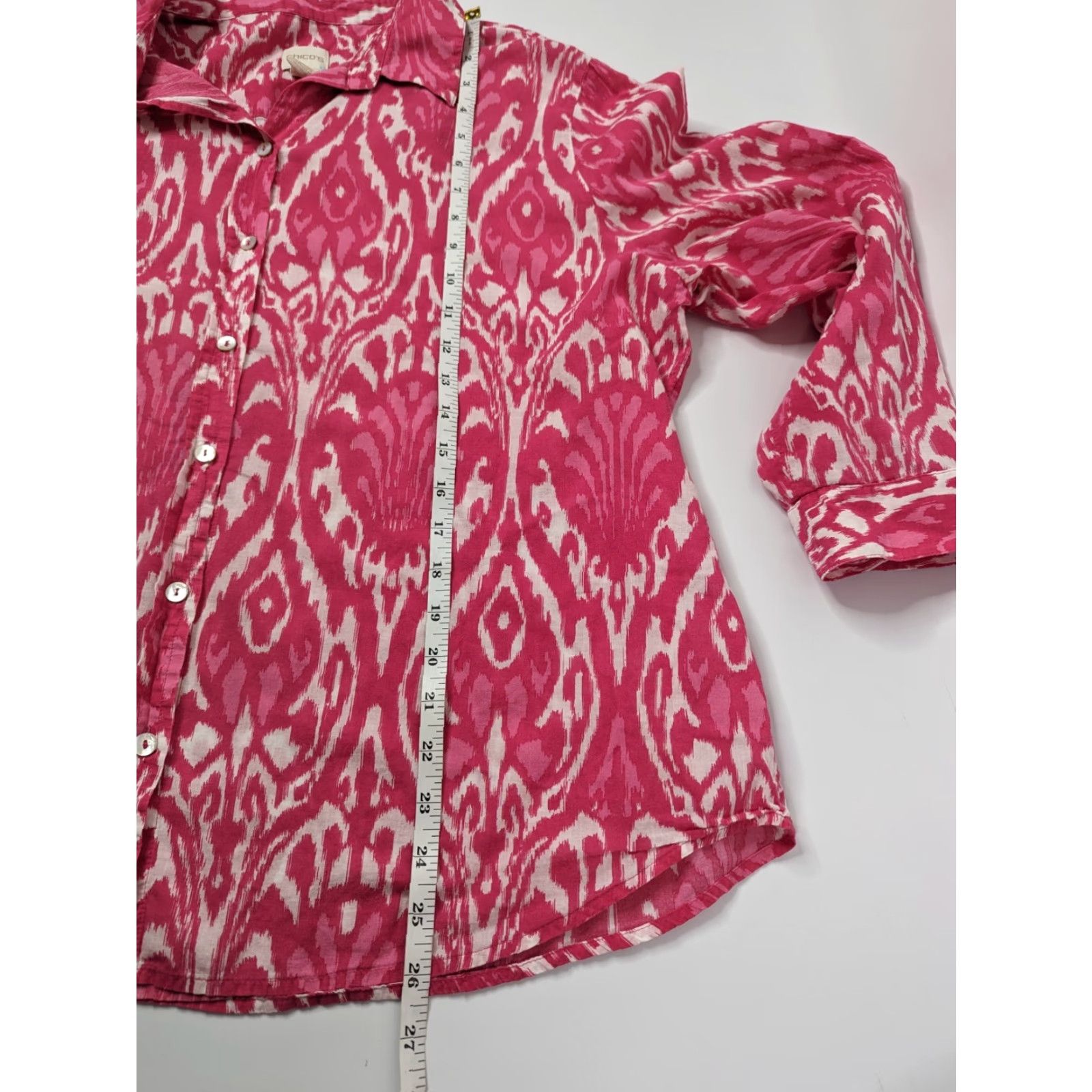 Vintage Chicos Shirt Womens Button-Up Damask Ikat Cotton Pink XL 3 US Sheer Sleeve Long Collared Size XL / US 12-14 / IT 48-50 - 5 Thumbnail