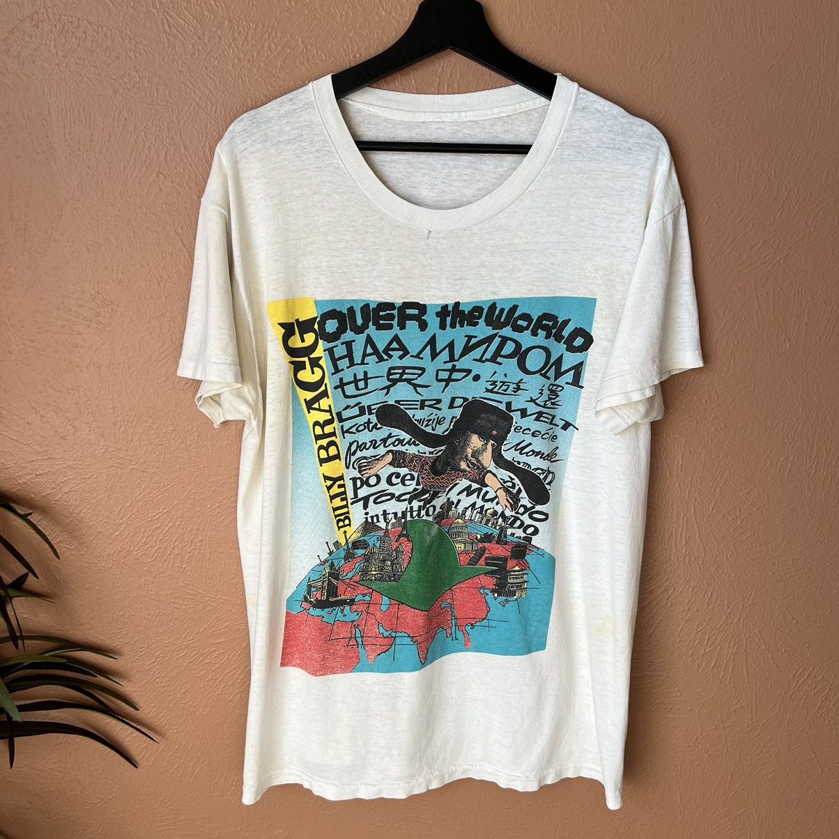 image of Vintage Billy Bragg 1989 Over The World Tour T Shirt 80's in White, Men's (Size XL)