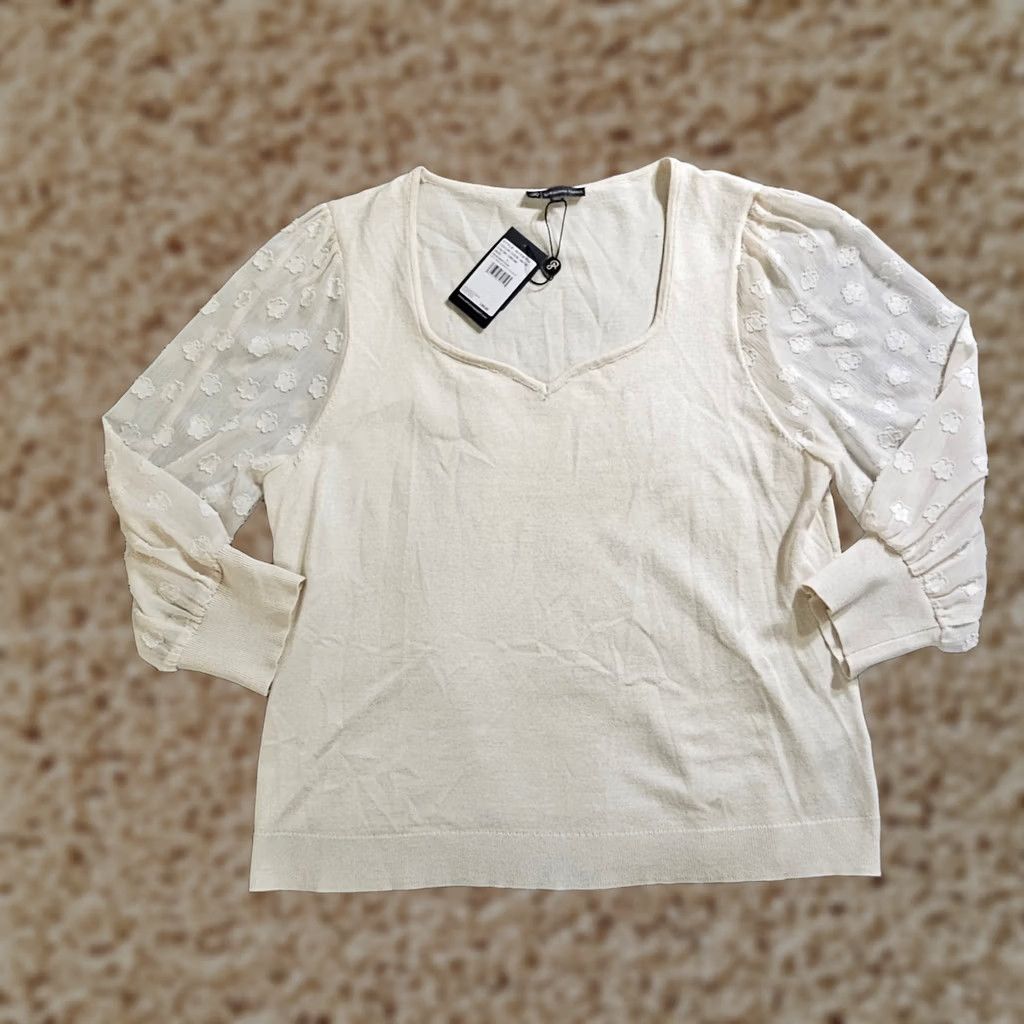 Adrianna Papell Adrianna Papell Sweater Top Womens Large White Sheer Sleeve Round Neck Career Size L / US 10 / IT 46 - 1 Thumbnail