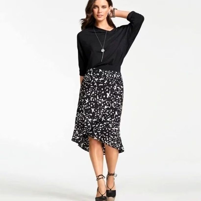 Vintage Cabi Dixon Reina Skirt Black White Floral High Low Hem Faux Wrap Pull-On M Women Knee Length Size 32" / US 10 / IT 46 - 2 Thumbnail
