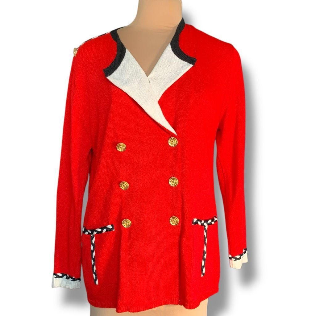 Vintage Vintage Laura by Alyzia Red Double-Breasted Cardigan Gold Bu Size L / US 10 / IT 46 - 11 Thumbnail