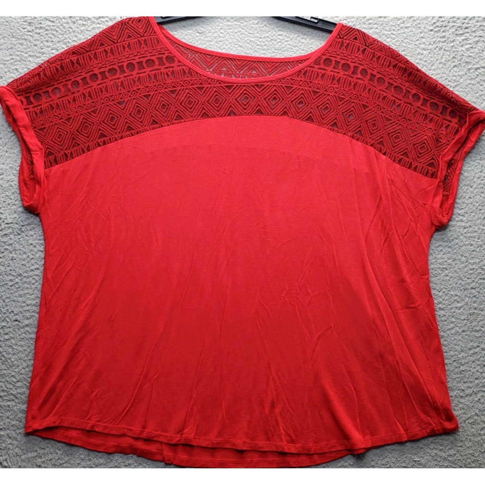 Vintage Lane Bryant Blouse Top Women's 26/28 Red Rayon Crochet Yoke Short Sleeve Stretch - Womens Size 26/28 Blouse Shirt Dressy Casual Shirt Size 4XL / US 24-26 - 2 Thumbnail
