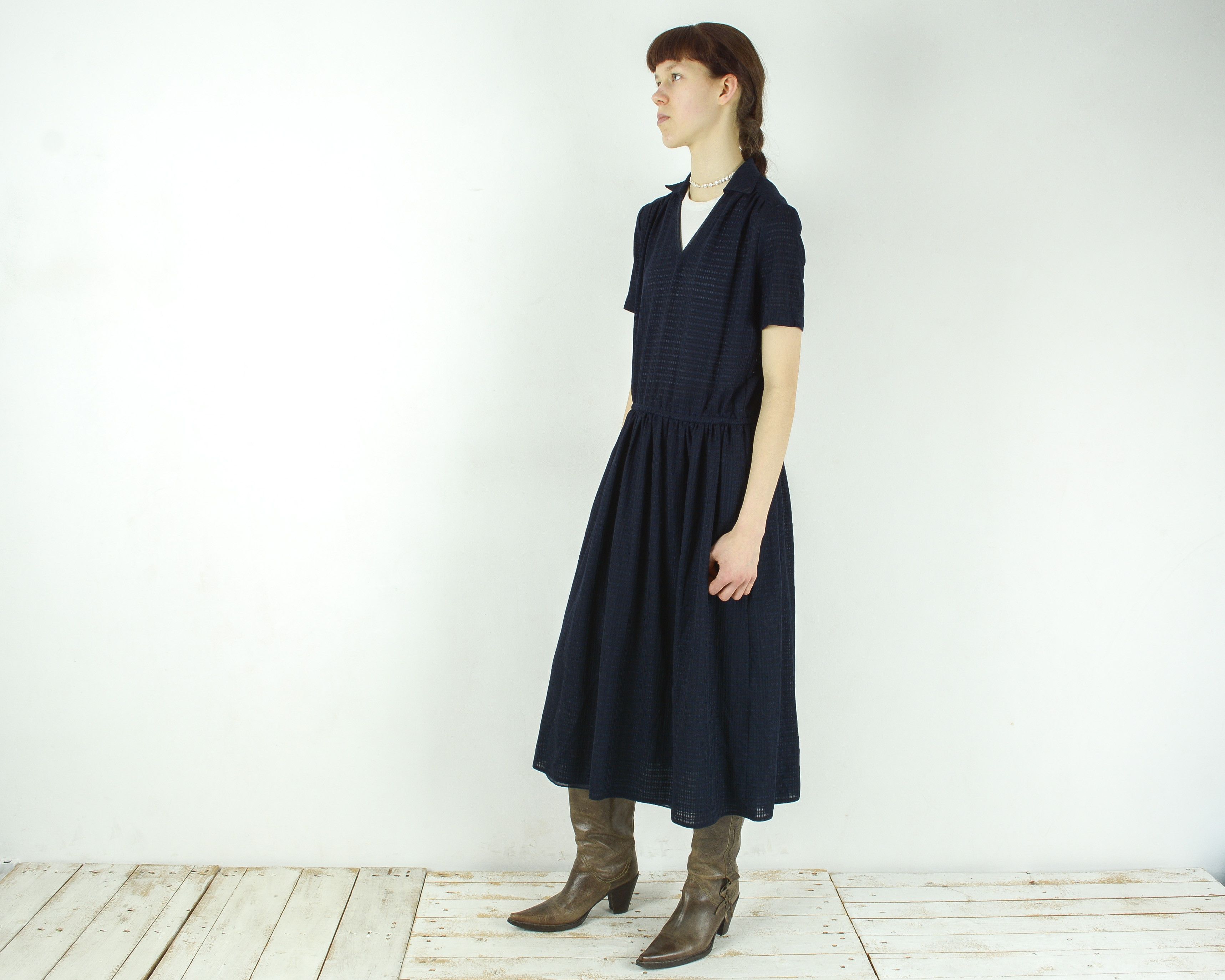Other × Vintage WIBOR Dress Elastic Waist Midi Lined Collared Short Sleeve Size M / US 6-8 / IT 42-44 - 2 Thumbnail