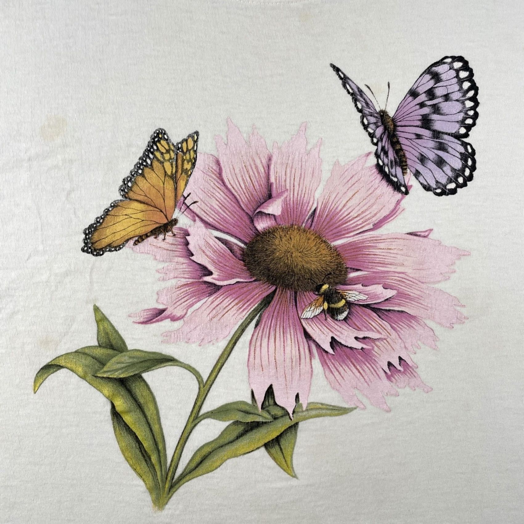 Vintage VINTAGE Day Breeze Shirt Adult L/XL Ivory Floral Butterfly Made In USA White Crew Neck Short Sleeve Cotton Single Stitched Mens Size US L / EU 52-54 / 3 - 3 Thumbnail