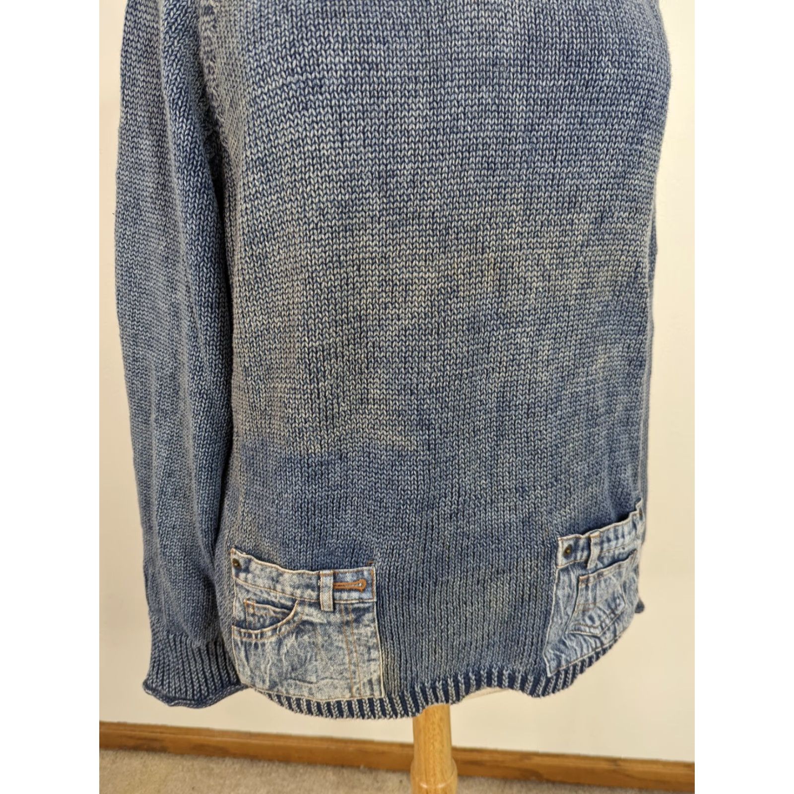 Denime VINTAGE Women's 90s Mock Neck 1/4 Zip Pullover Sweater Blue Denim Pocket 3XL S10 Size XXL / US 16-18 / IT 52-54 - 5 Thumbnail