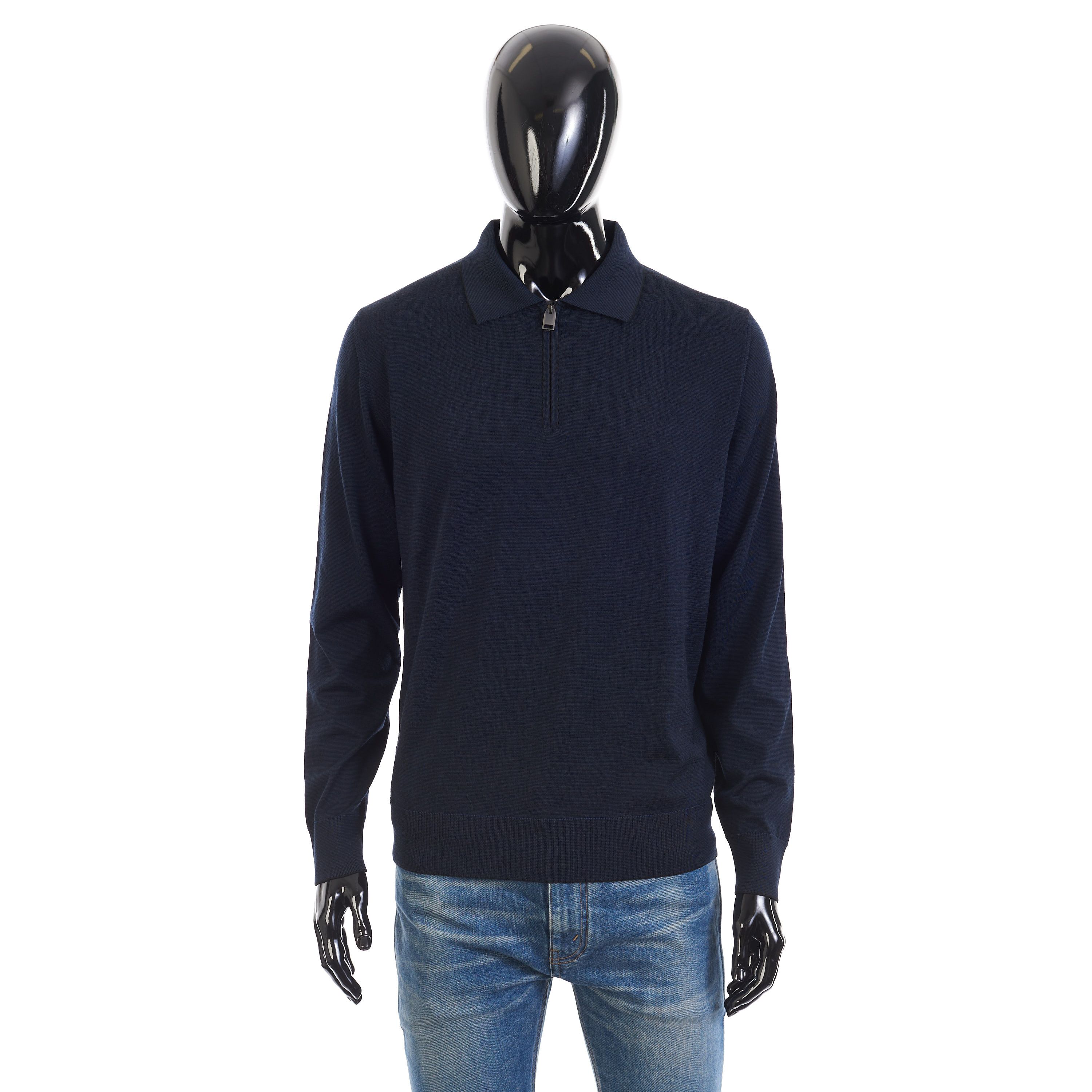 Brioni Polo Sweater With Metal Zip In Blue Wool Size US L / EU 52-54 / 3 - 1 Thumbnail