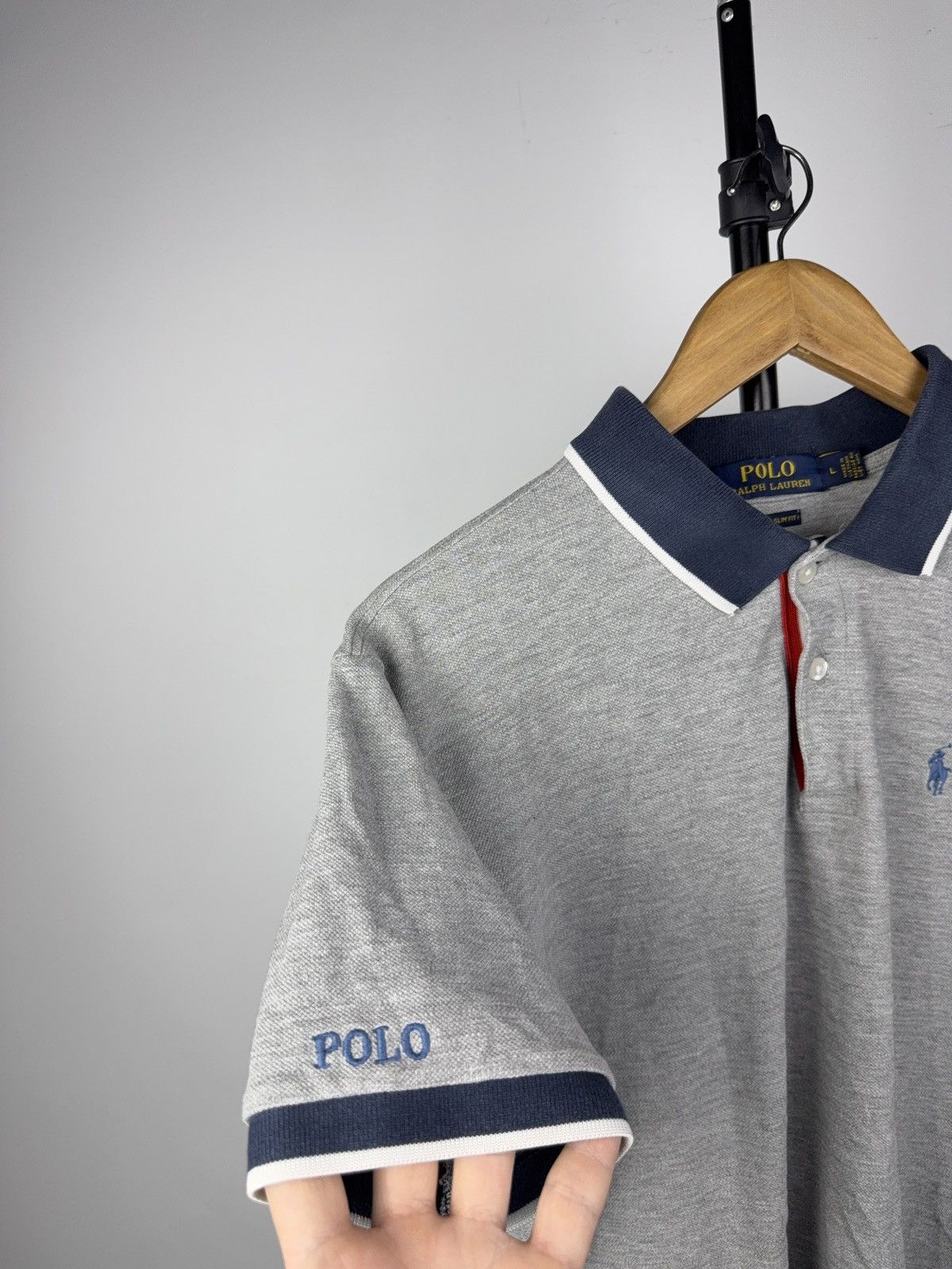 Polo Ralph Lauren Y2K 00s Ralph Lauren Custom Slim Fit Polo Grey Navy Trim L Size US L / EU 52-54 / 3 - 4 Thumbnail