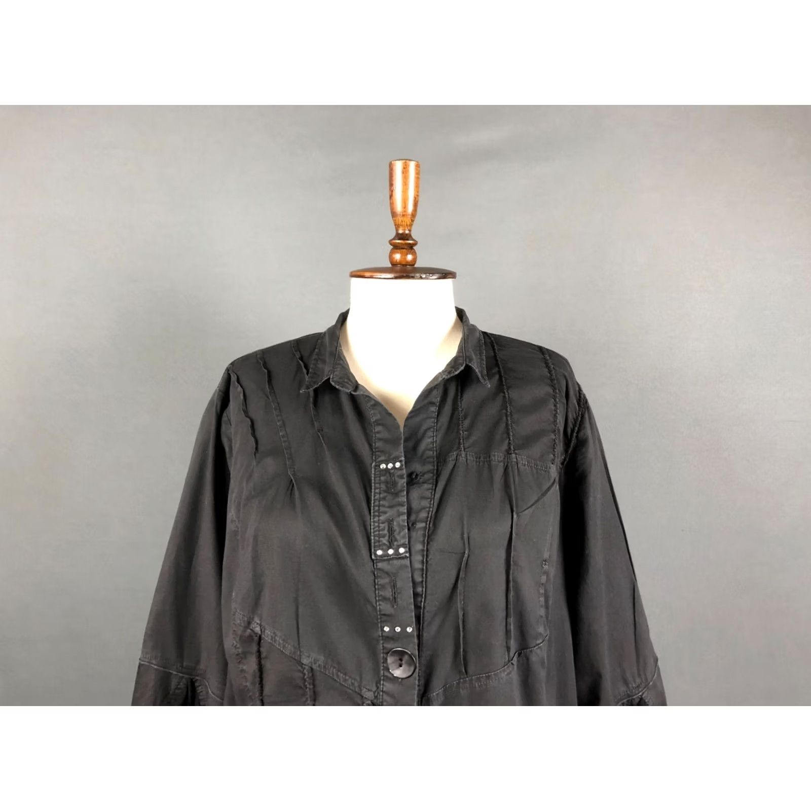 Vintage Bottega Blouse Shirt Cotton Women's L Black Bell Sleeve Collared Button Knit Ruffle Vintage No Size ONE SIZE - 4 Thumbnail