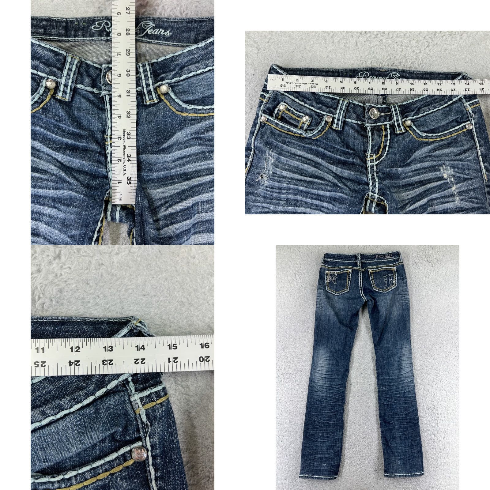 Vintage Request Jeans Pants Womens 3 Blue Distressed Embroidered 27x31 Denim Straight Jeans Womens 3 Blue Distressed Embroidered 27x31 Size 26" / US 2 / IT 38 - 8 Thumbnail