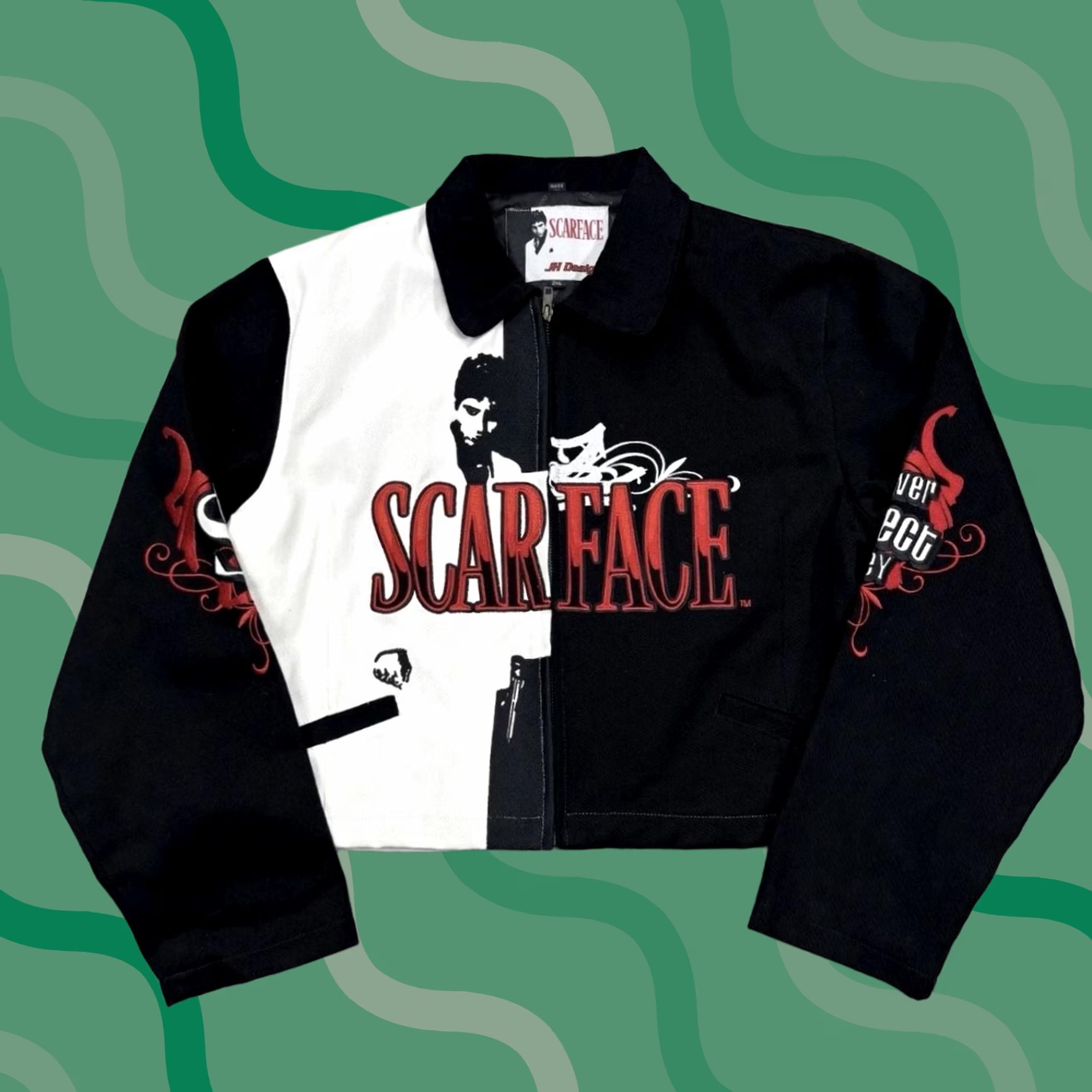 JH Design Scarface JH Design Jacket Mens S Black White Graphic Zip Bomber Twill Logo Full Zip Pockets Lined 2XL Vintage No Size S / US 4 / IT 40 - 1 Thumbnail