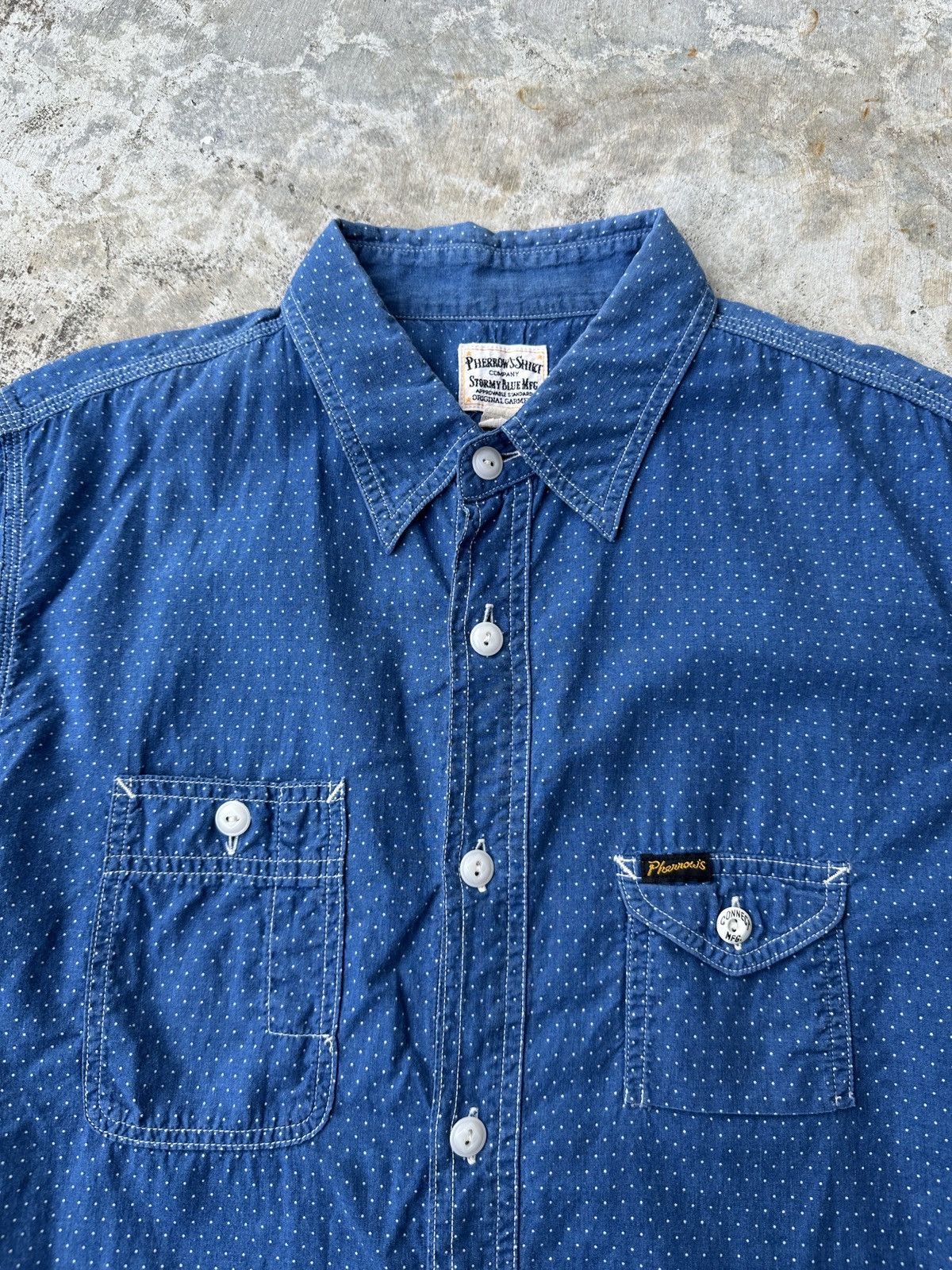 Pherrow's STORMY BLUE Union polka dotted indigo cotton work shirt Size US S / EU 44-46 / 1 - 3 Thumbnail
