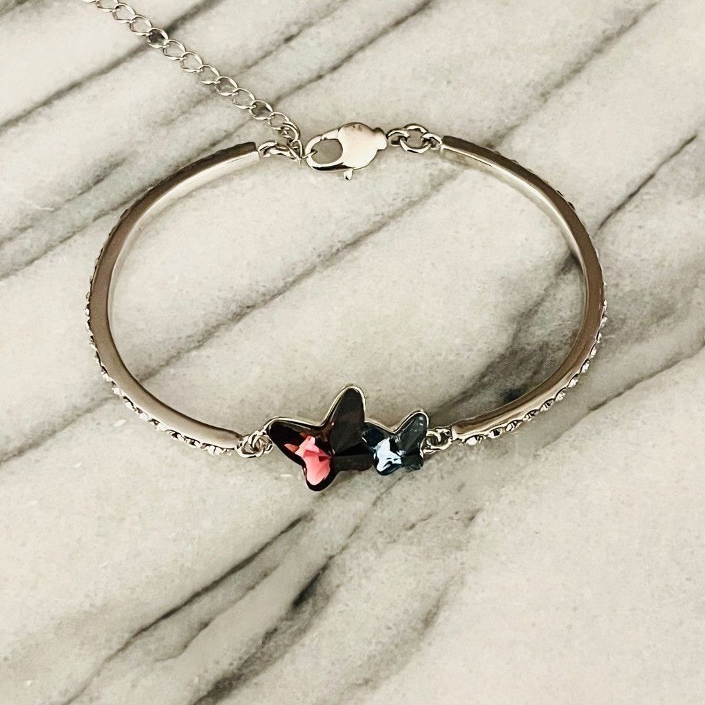 Jewelry Crystal Butterfly Bracelet Blue Purple Pink Bangle Rhodium Size ONE SIZE - 2 Thumbnail
