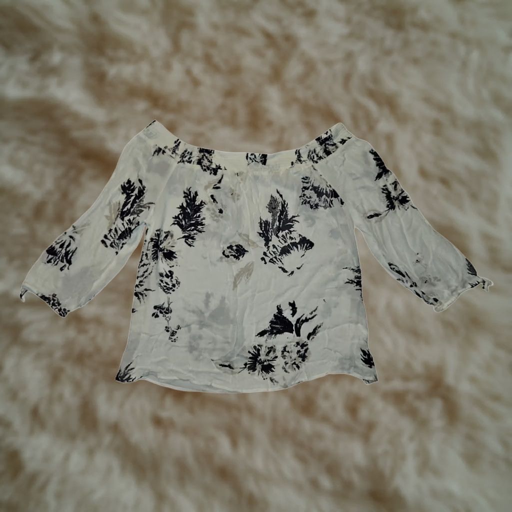 Lucky Brand Lucky Brand Crop Top Women's Large White Floral Off Shoulder 3/4 Sleeve Viscose Blouse Size L / US 10 / IT 46 - 1 Thumbnail