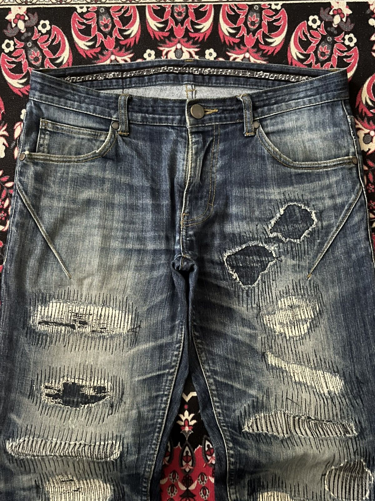 Japanese Brand × NANO universe × Number (N)ine ⚡️Sick⚡️Number (N)ine Blue Washed ZigZag Sashiko Patches Capri Size US 32 / EU 48 - 4 Thumbnail