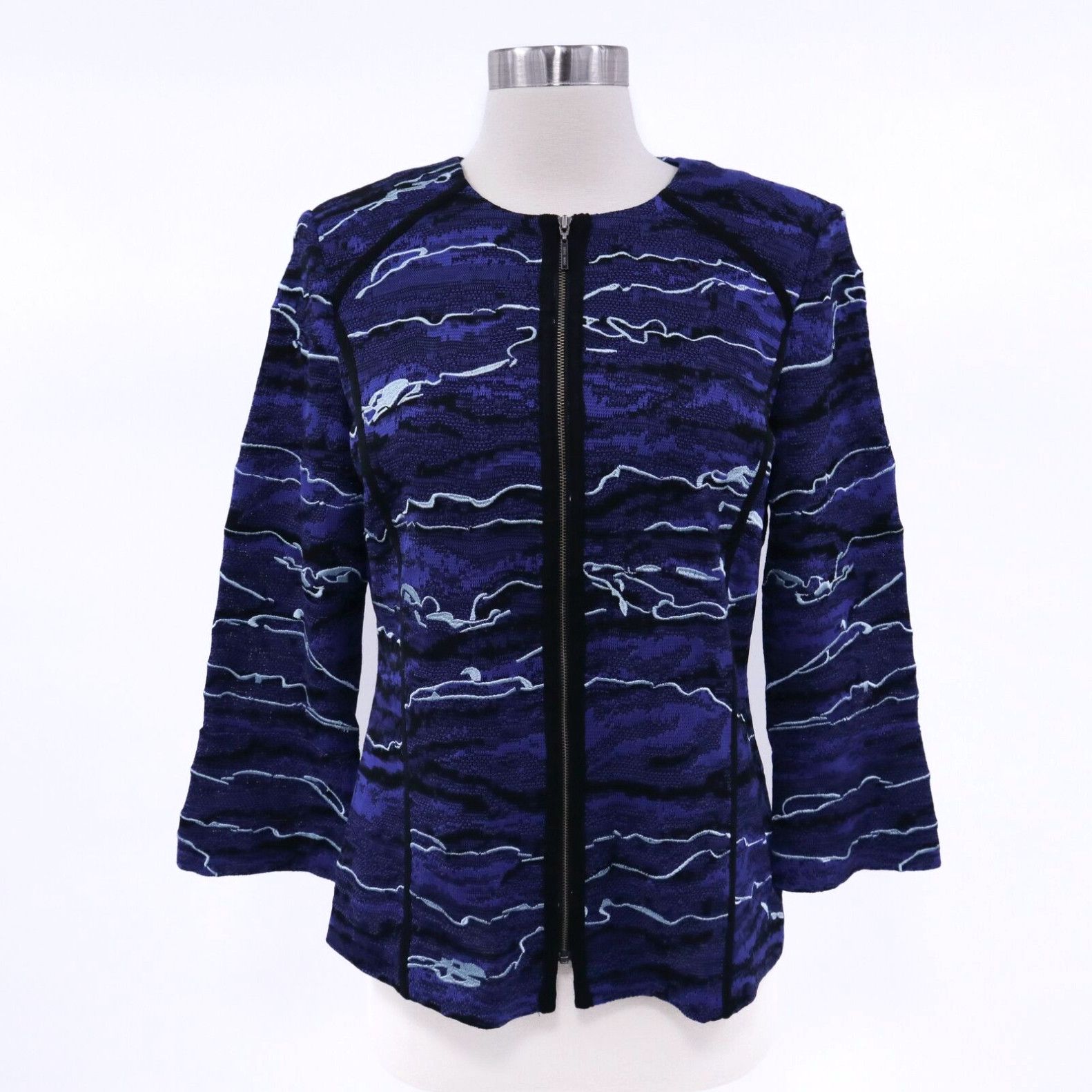 image of Vintage Ming Wang Cardigan Jacket Shell Top Set New Womens Xs Blue Black White Wave Knit