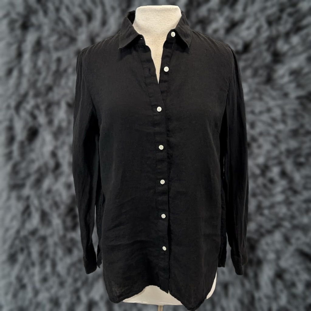 VINTAGE J. McLaughlin Button-Up Shirt Women’s Medium Black Beach Linen Long Sleeve Collared Solid 100% Linen Womens Medium Beach Shirt