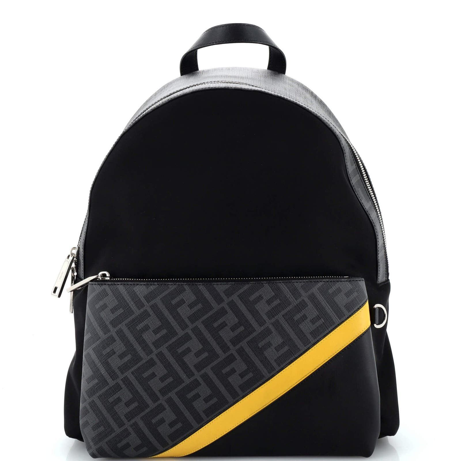 image of Fendi Front Pocket Backpack Nylon With Zucca Coated Canvas in Black, Women's